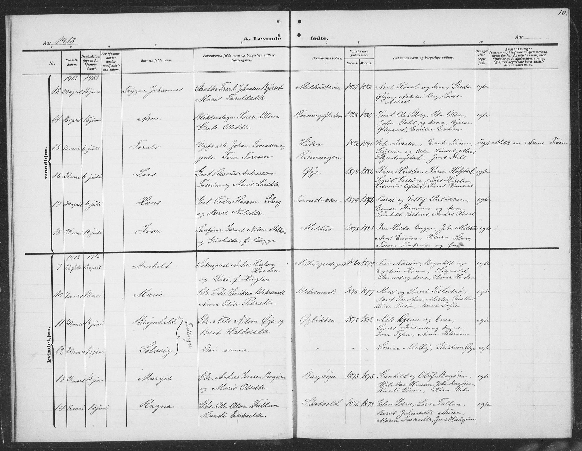 Ministerialprotokoller, klokkerbøker og fødselsregistre - Sør-Trøndelag, AV/SAT-A-1456/691/L1095: Parish register (copy) no. 691C06, 1912-1933, p. 10