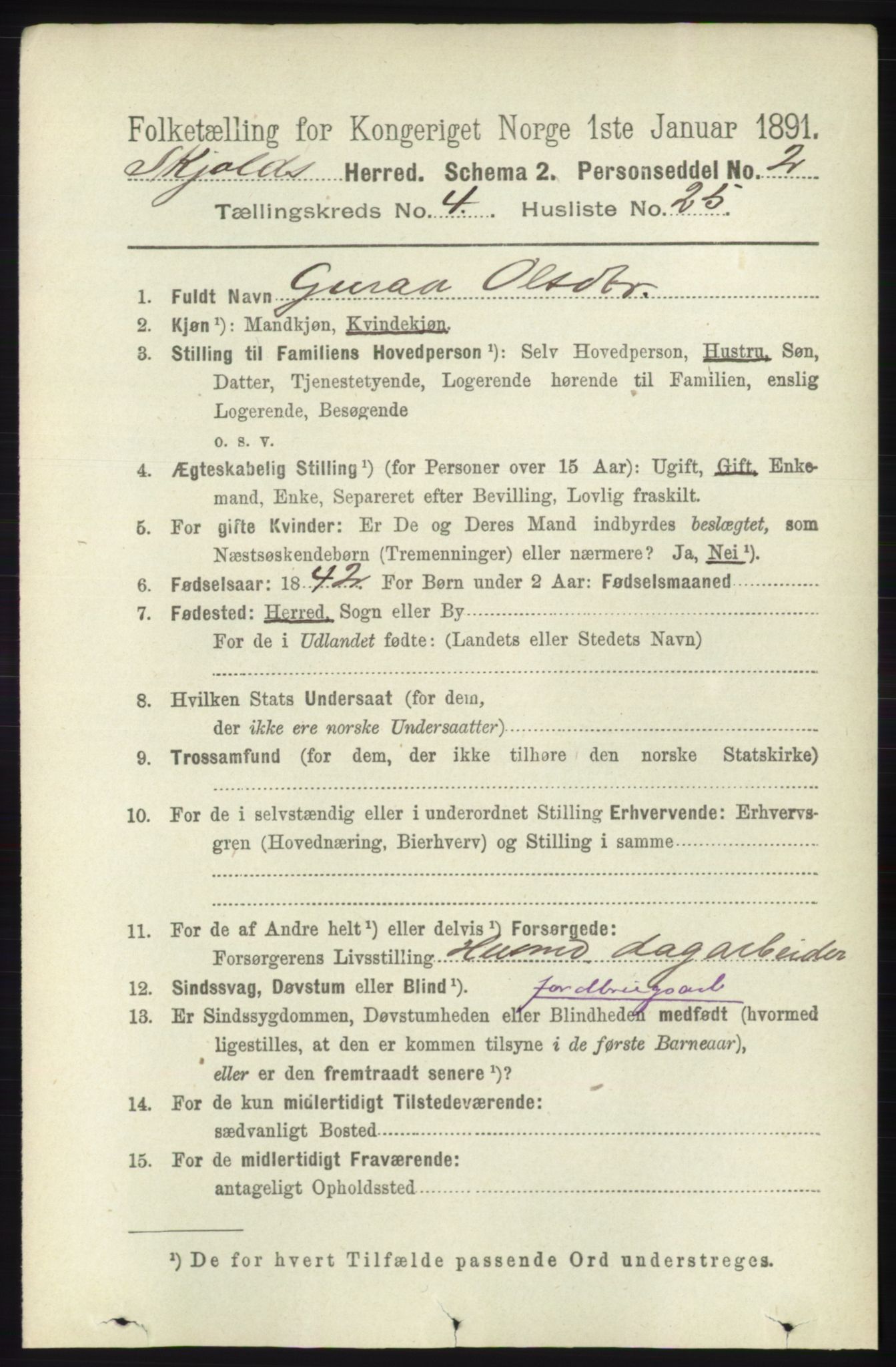 RA, 1891 census for 1154 Skjold, 1891, p. 657