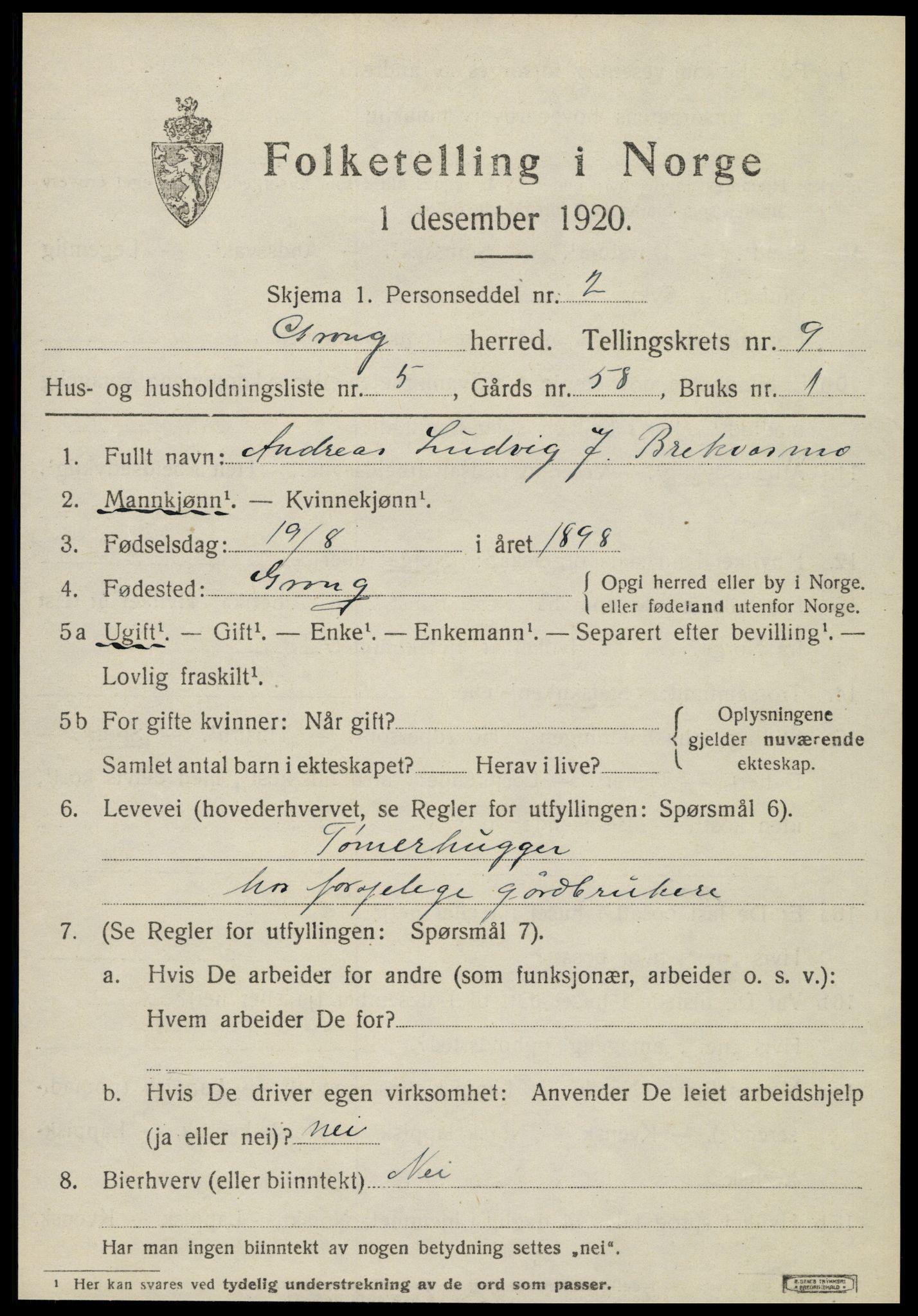 SAT, 1920 census for Grong, 1920, p. 5183