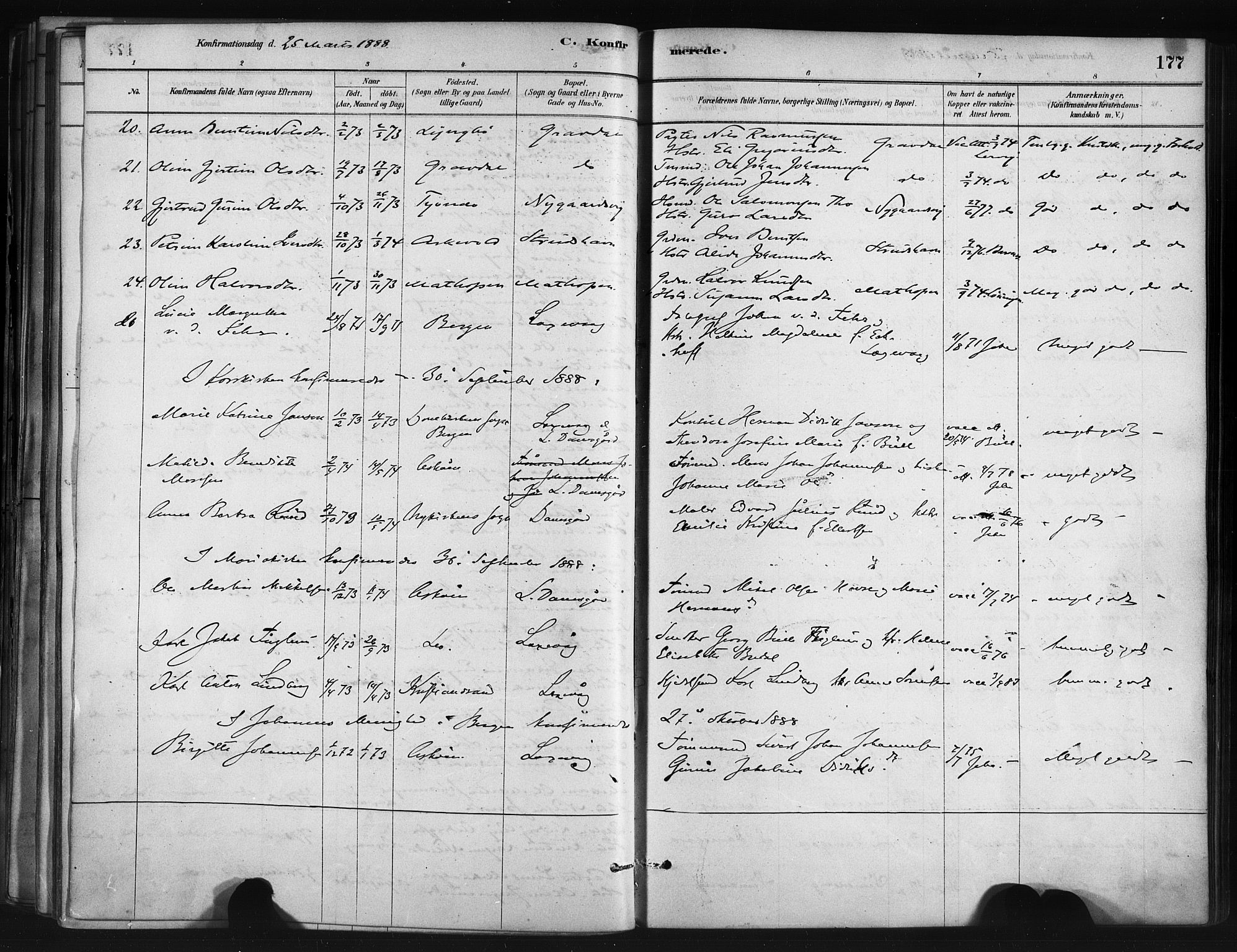 Askøy Sokneprestembete, AV/SAB-A-74101/H/Ha/Haa/Haae/L0002: Parish register (official) no. E 2, 1878-1891, p. 177