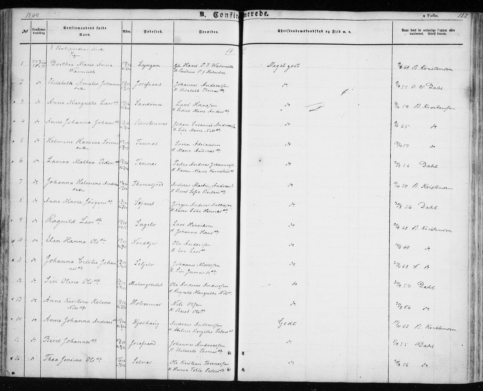 Balsfjord sokneprestembete, SATØ/S-1303/G/Ga/L0003kirke: Parish register (official) no. 3, 1856-1870, p. 127