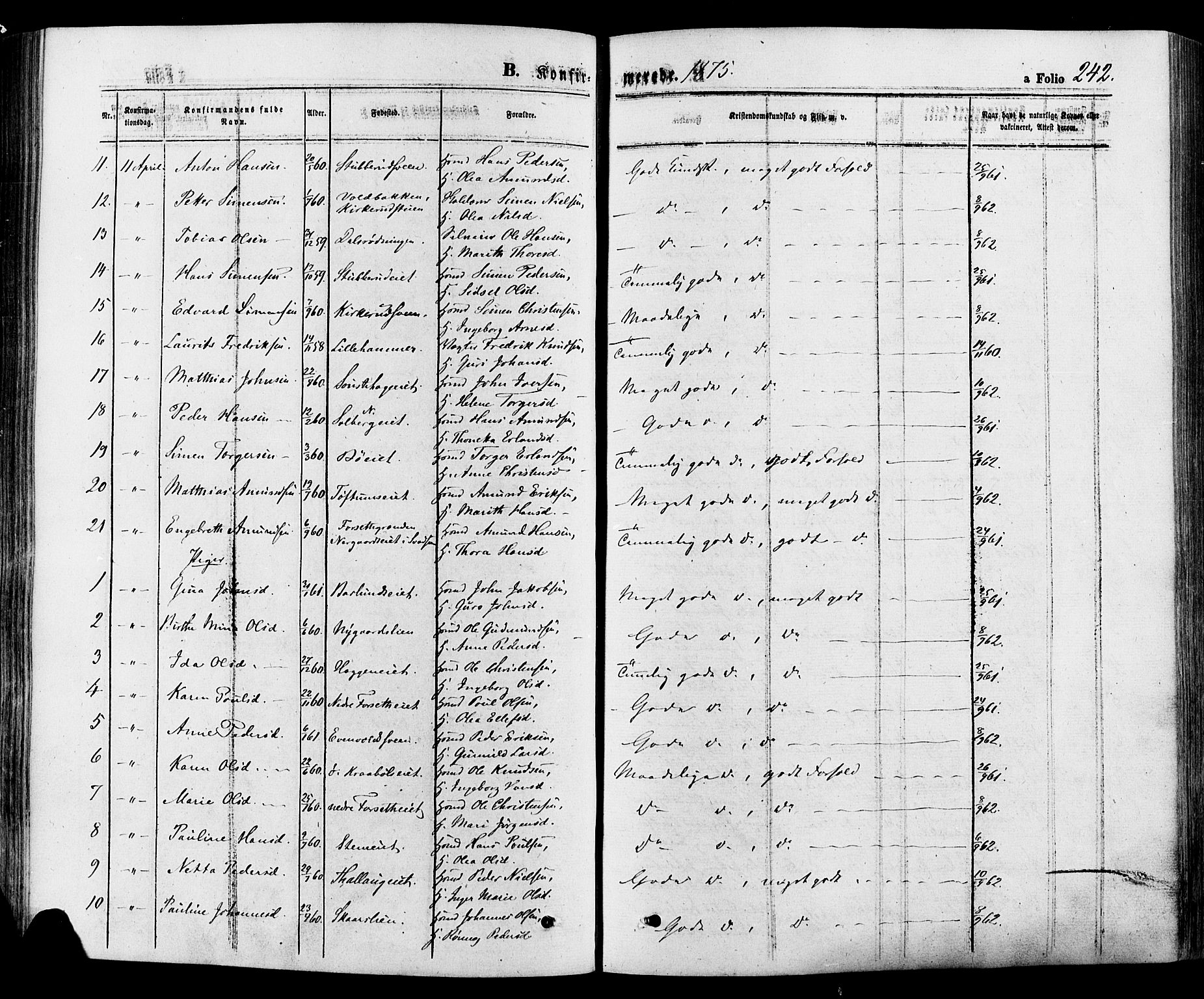 Gausdal prestekontor, SAH/PREST-090/H/Ha/Haa/L0010: Parish register (official) no. 10, 1867-1886, p. 242