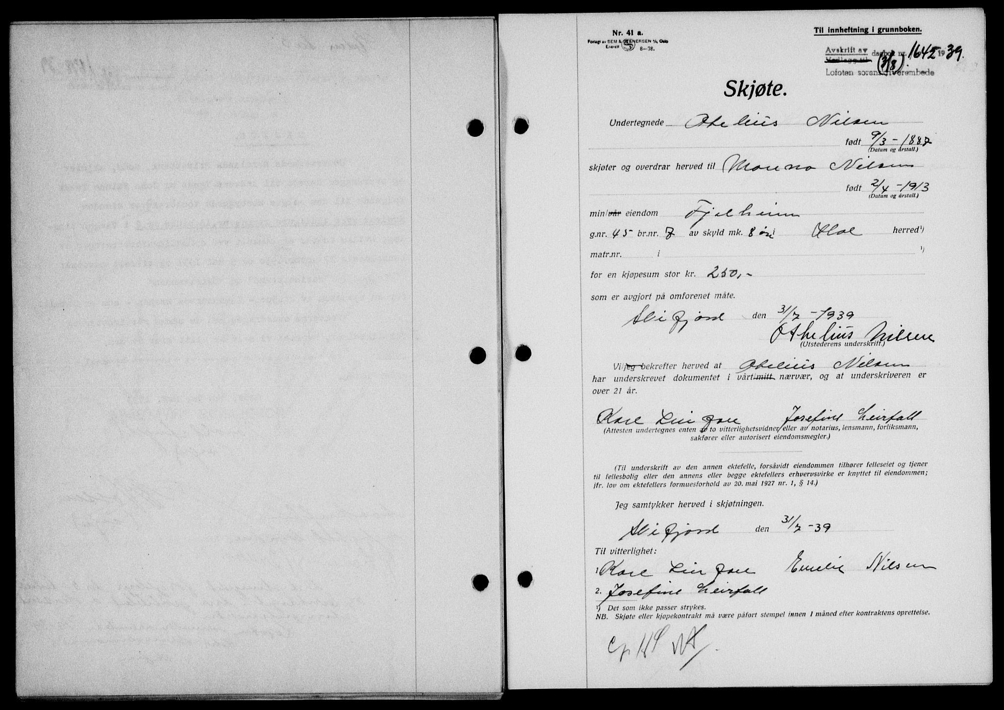 Lofoten sorenskriveri, SAT/A-0017/1/2/2C/L0006a: Mortgage book no. 6a, 1939-1939, Diary no: : 1642/1939