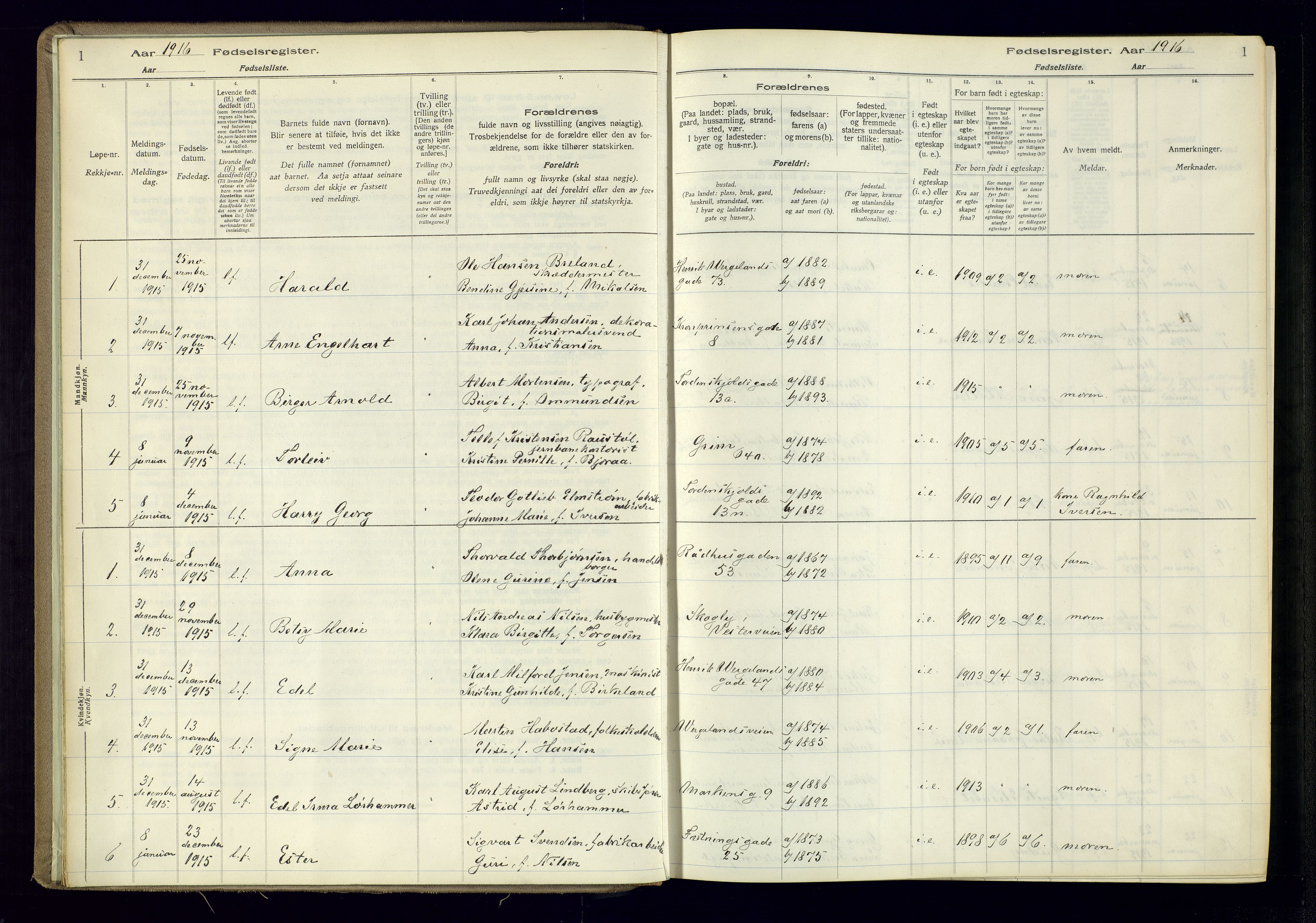 Kristiansand domprosti, SAK/1112-0006/J/Jc/L0001: Birth register no. A-VI-45, 1916-1921, p. 1