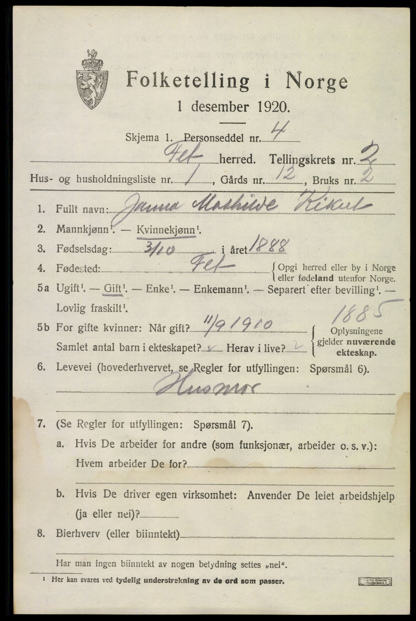 SAO, 1920 census for Fet, 1920, p. 2694