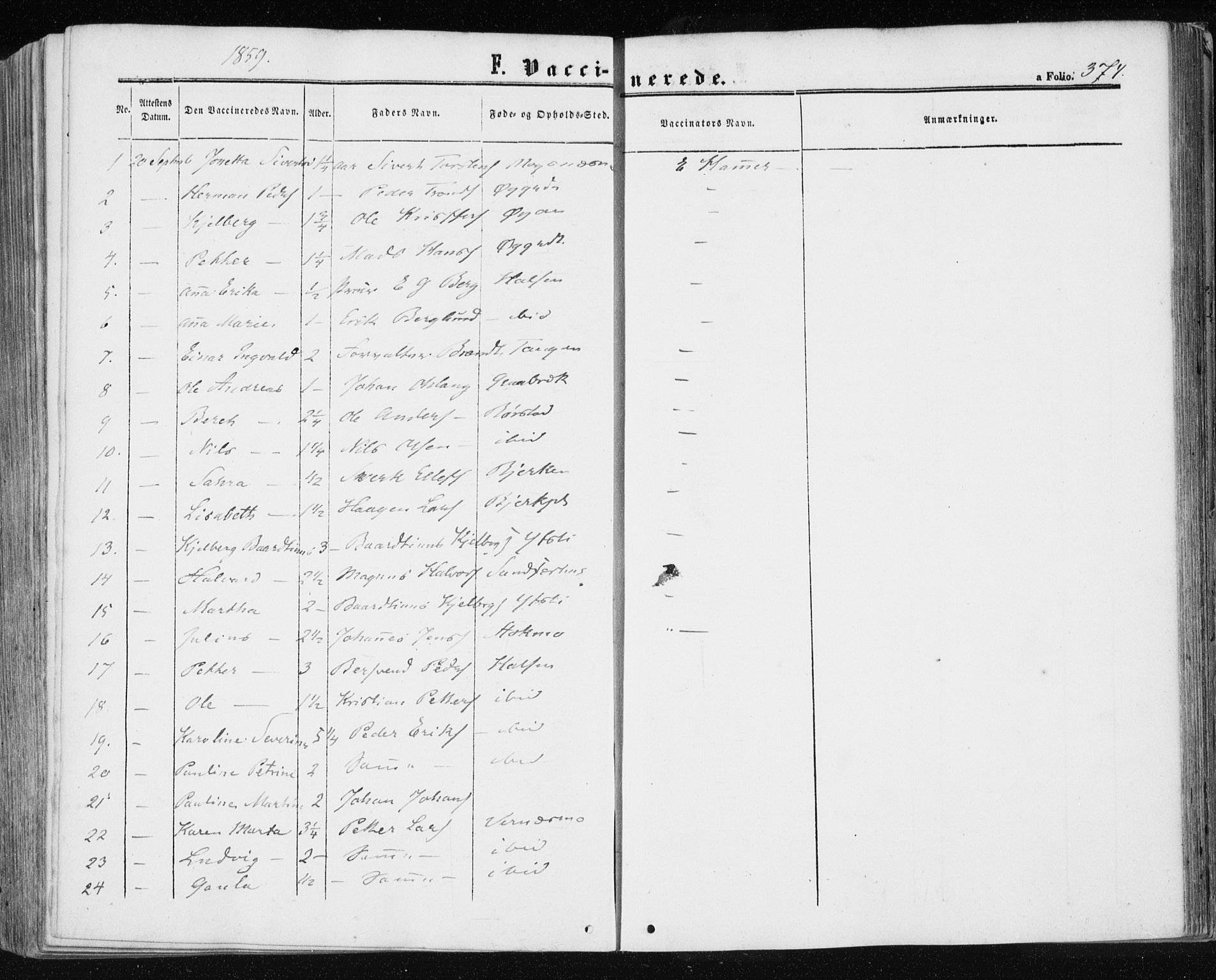 Ministerialprotokoller, klokkerbøker og fødselsregistre - Nord-Trøndelag, AV/SAT-A-1458/709/L0075: Parish register (official) no. 709A15, 1859-1870, p. 374