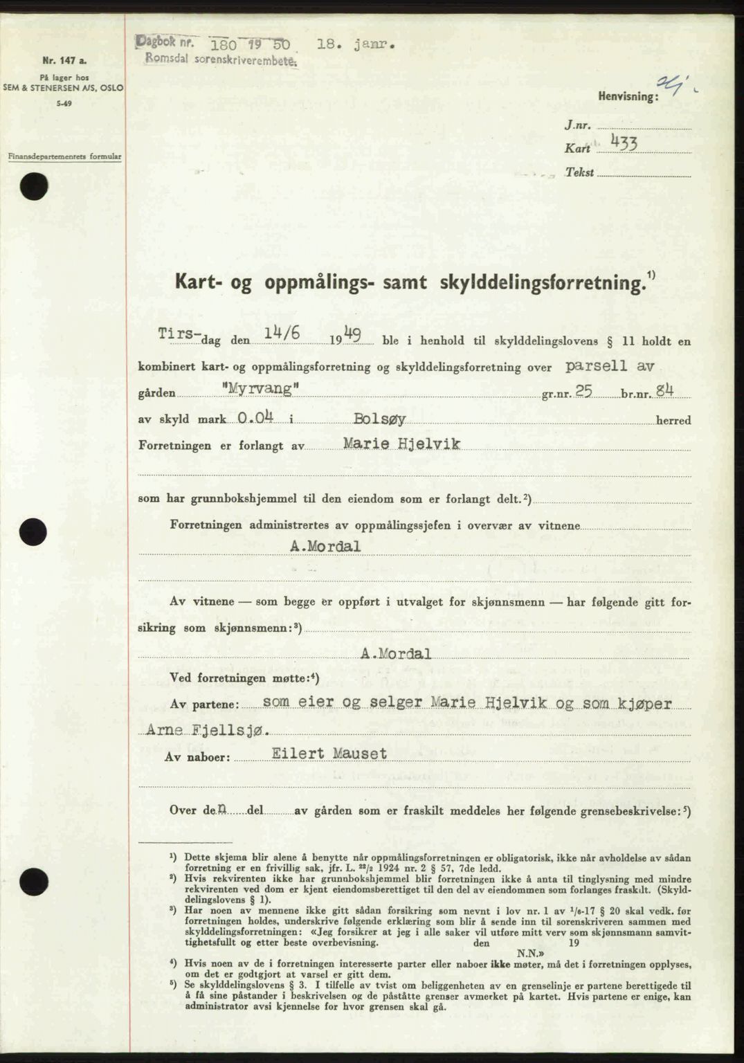 Romsdal sorenskriveri, AV/SAT-A-4149/1/2/2C: Mortgage book no. A32, 1950-1950, Diary no: : 180/1950