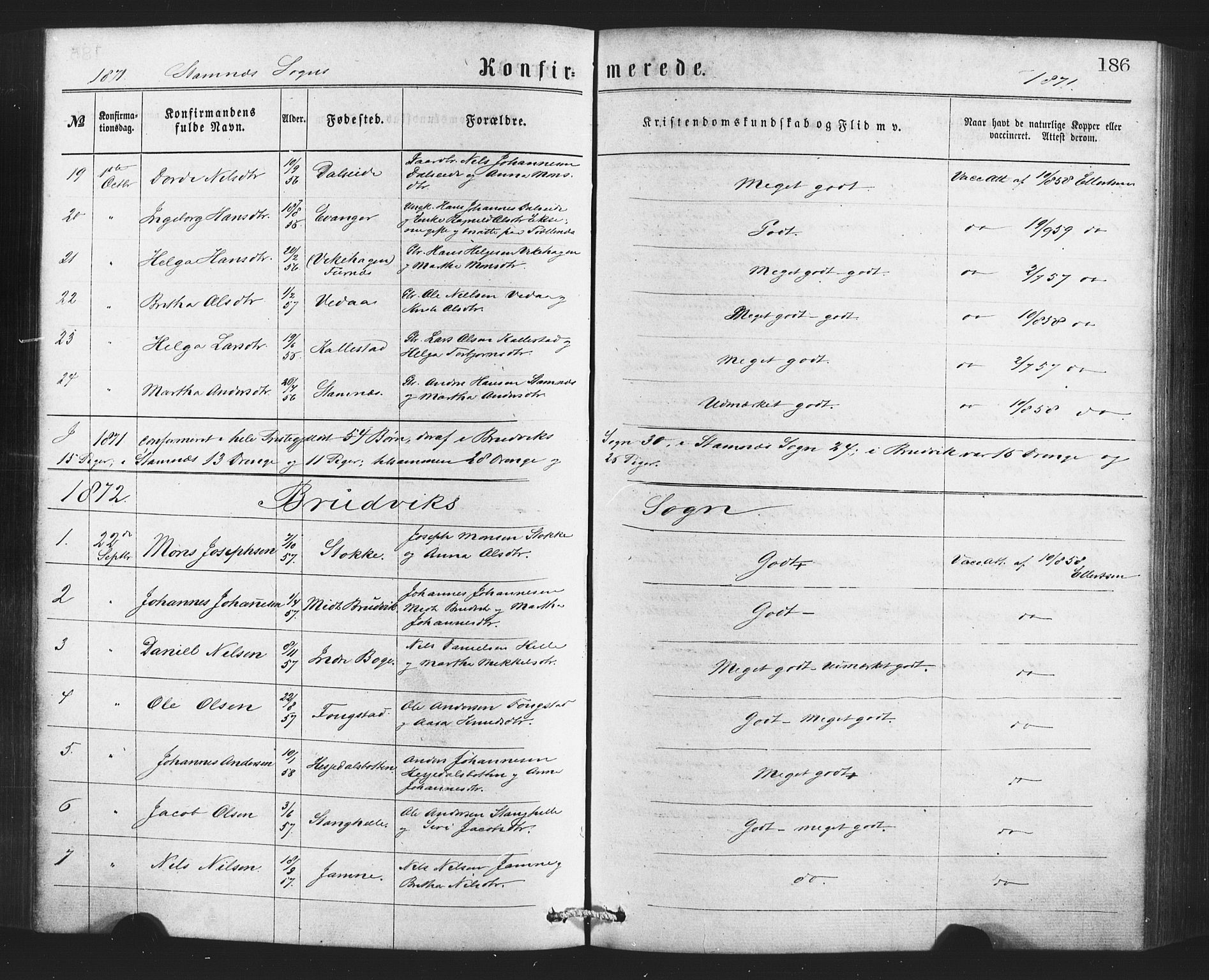 Bruvik Sokneprestembete, SAB/A-74701/H/Haa: Parish register (official) no. A 1, 1869-1877, p. 186