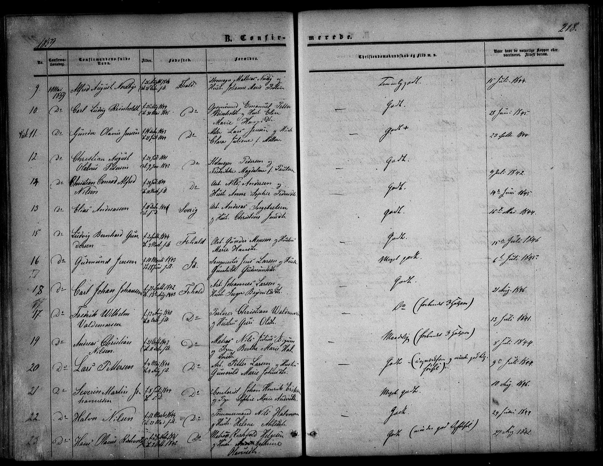 Halden prestekontor Kirkebøker, AV/SAO-A-10909/F/Fa/L0007: Parish register (official) no. I 7, 1857-1865, p. 218