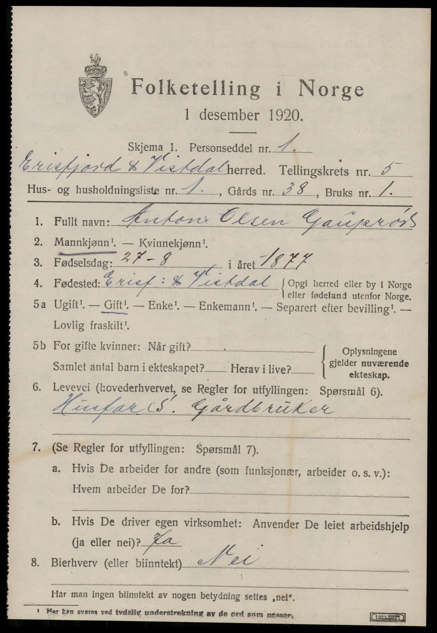 SAT, 1920 census for Eresfjord og Vistdal, 1920, p. 2515