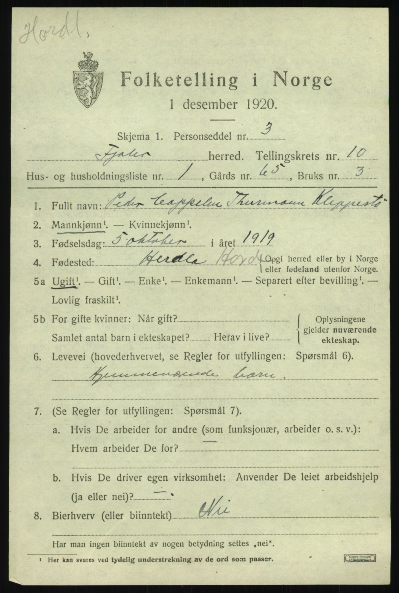 SAB, 1920 census for Fjaler, 1920, p. 4951