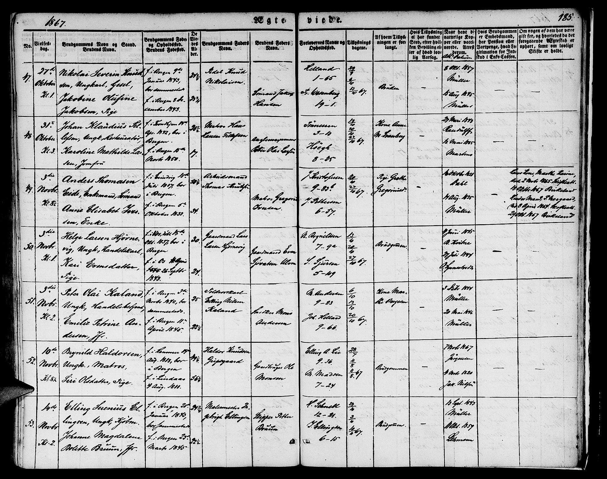 Nykirken Sokneprestembete, AV/SAB-A-77101/H/Hab: Parish register (copy) no. D 1, 1832-1867, p. 185