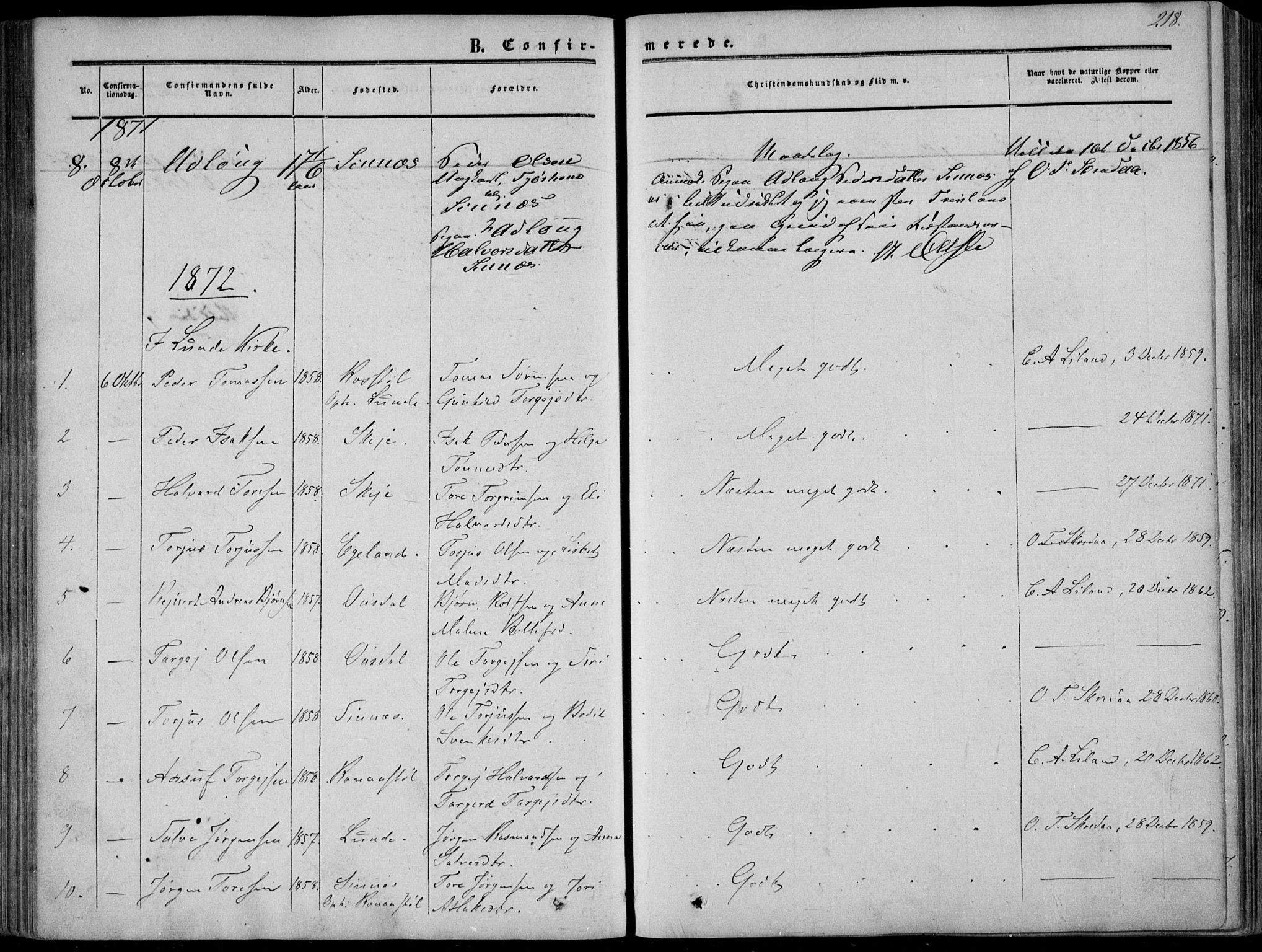 Sirdal sokneprestkontor, AV/SAK-1111-0036/F/Fa/Fab/L0002: Parish register (official) no. A 2, 1855-1874, p. 218