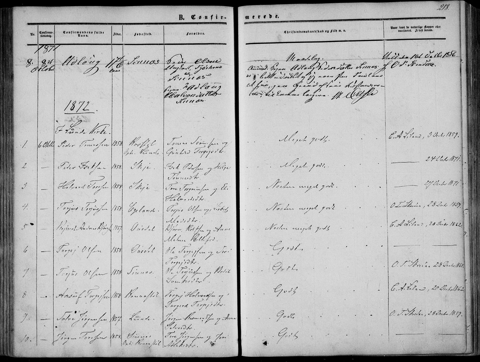 Sirdal sokneprestkontor, AV/SAK-1111-0036/F/Fa/Fab/L0002: Parish register (official) no. A 2, 1855-1874, p. 218