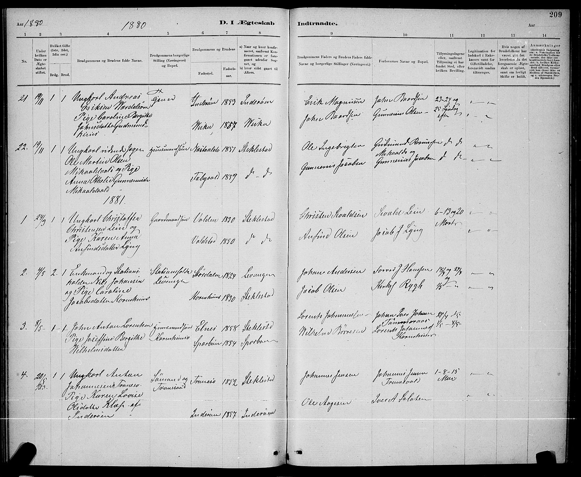 Ministerialprotokoller, klokkerbøker og fødselsregistre - Nord-Trøndelag, AV/SAT-A-1458/723/L0256: Parish register (copy) no. 723C04, 1879-1890, p. 209