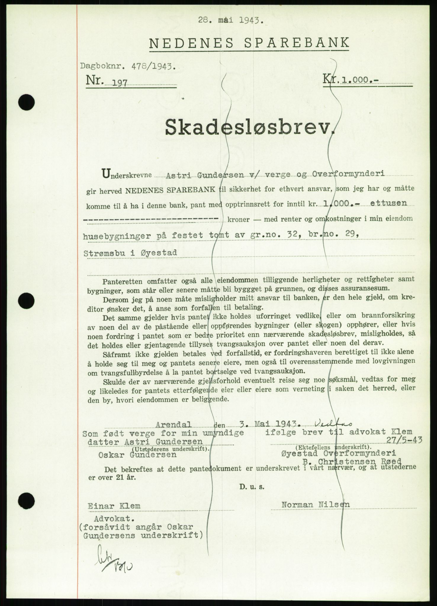 Nedenes sorenskriveri, AV/SAK-1221-0006/G/Gb/Gbb/L0002: Mortgage book no. II, 1942-1945, Diary no: : 478/1943