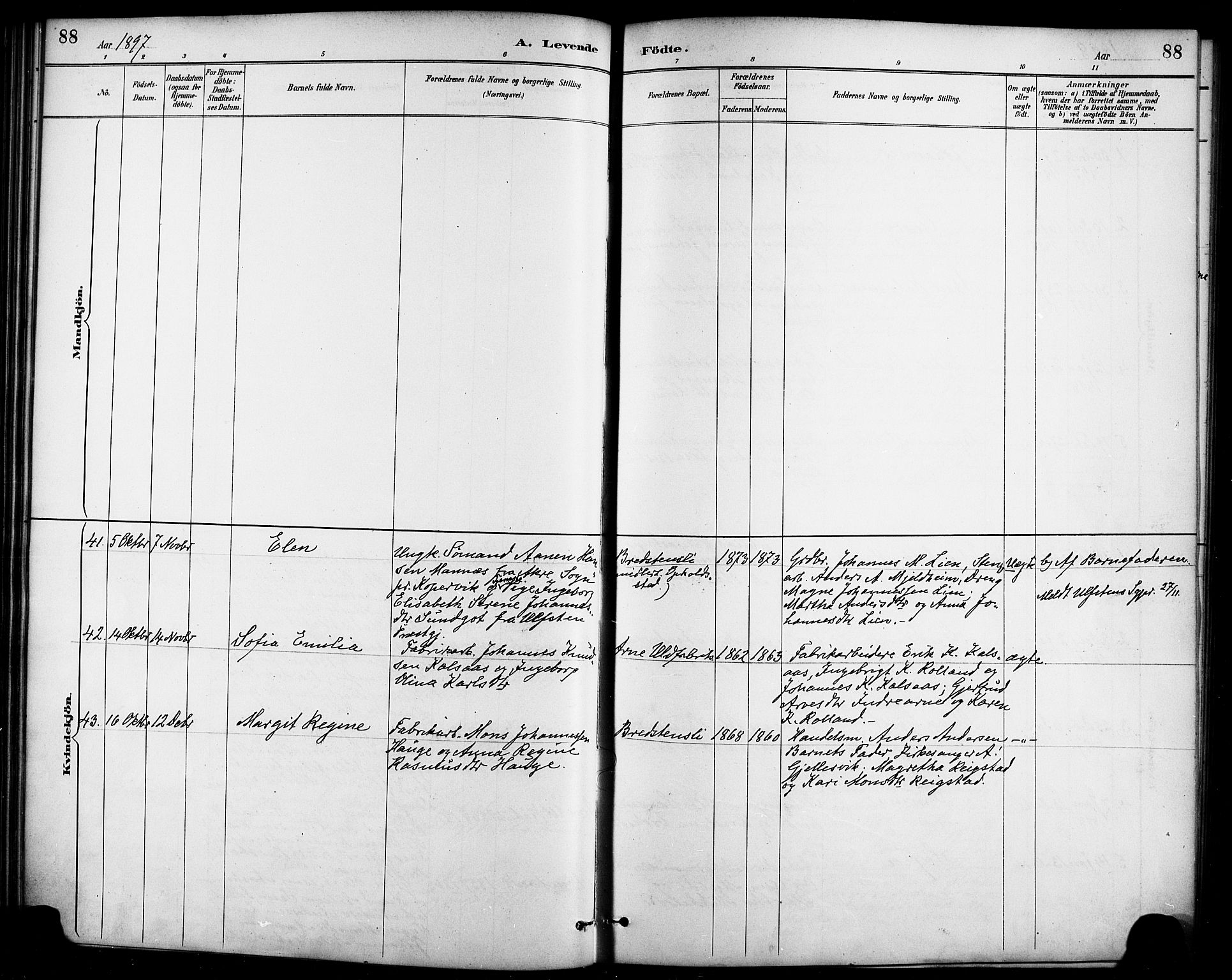 Haus sokneprestembete, AV/SAB-A-75601/H/Haa/Haad/L0001: Parish register (official) no. D 1, 1887-1898, p. 88