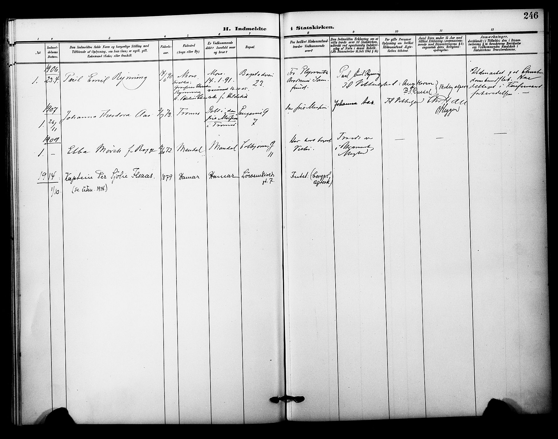 Garnisonsmenigheten Kirkebøker, SAO/A-10846/F/Fa/L0014: Parish register (official) no. 14, 1905-1914, p. 246