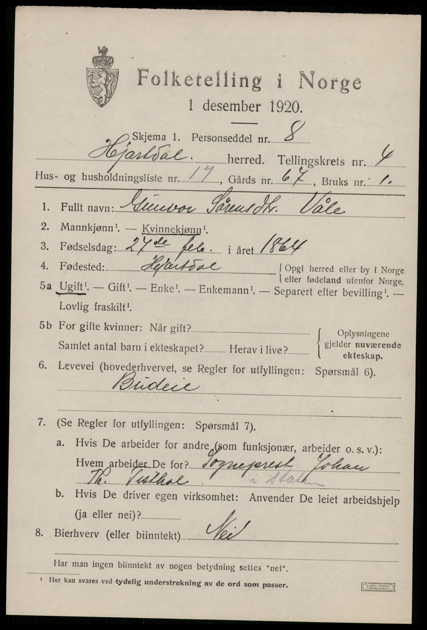 SAKO, 1920 census for Hjartdal, 1920, p. 2968