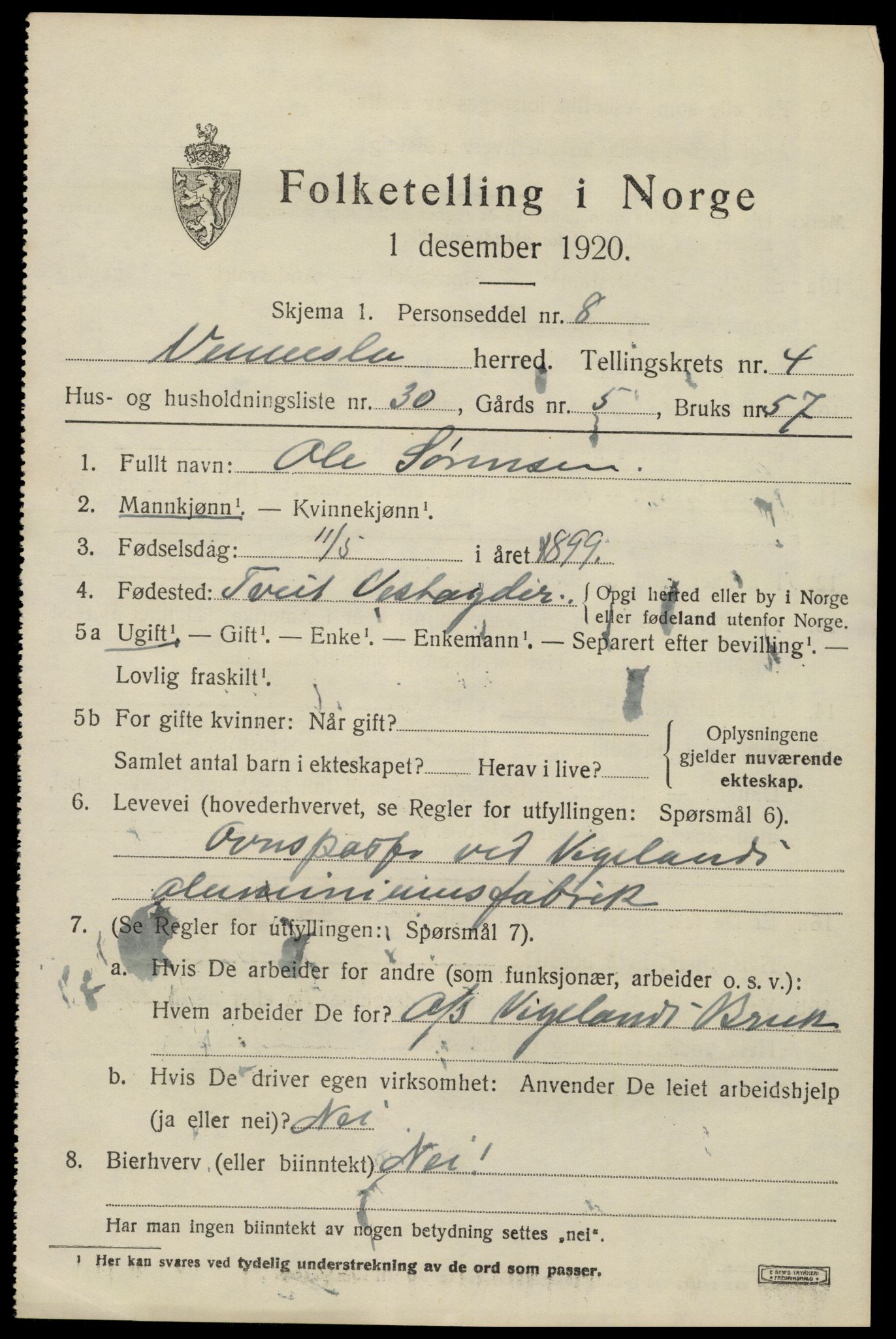 SAK, 1920 census for Vennesla, 1920, p. 3216