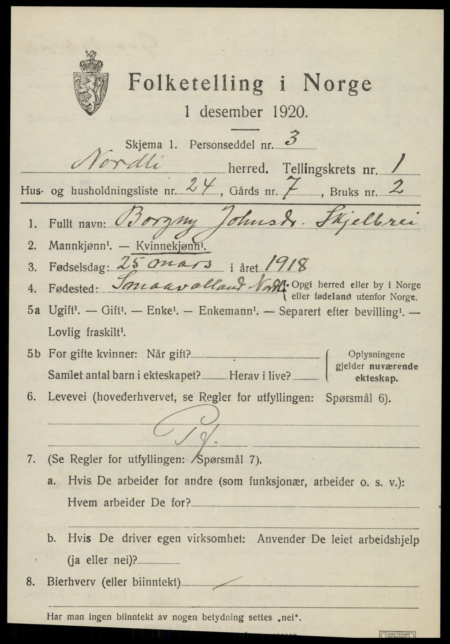 SAT, 1920 census for Nordli, 1920, p. 705