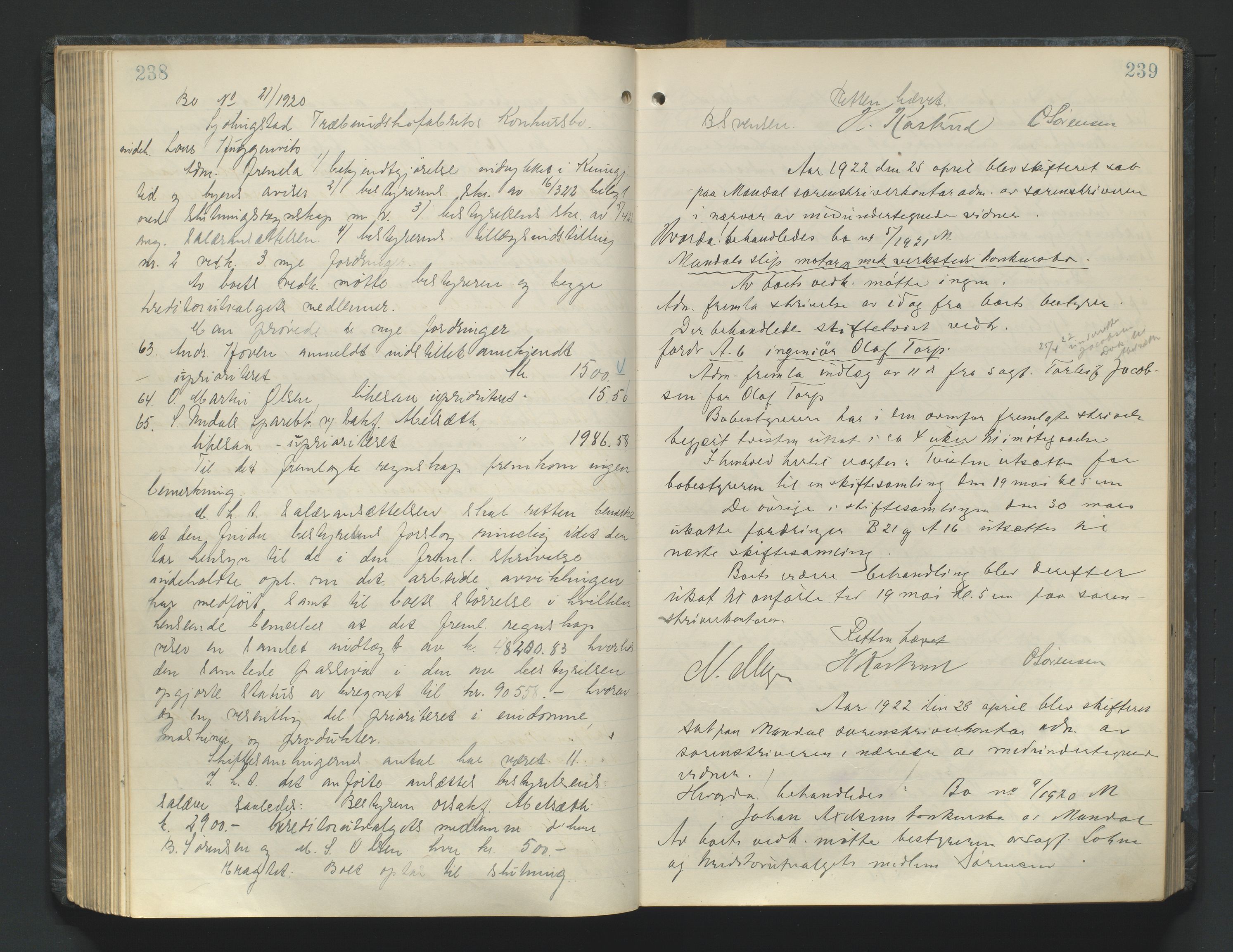 Mandal sorenskriveri, AV/SAK-1221-0005/001/H/Hc/L0084: Skifteforhandlingsprotokoll nr 16, 1921-1924, p. 238-239