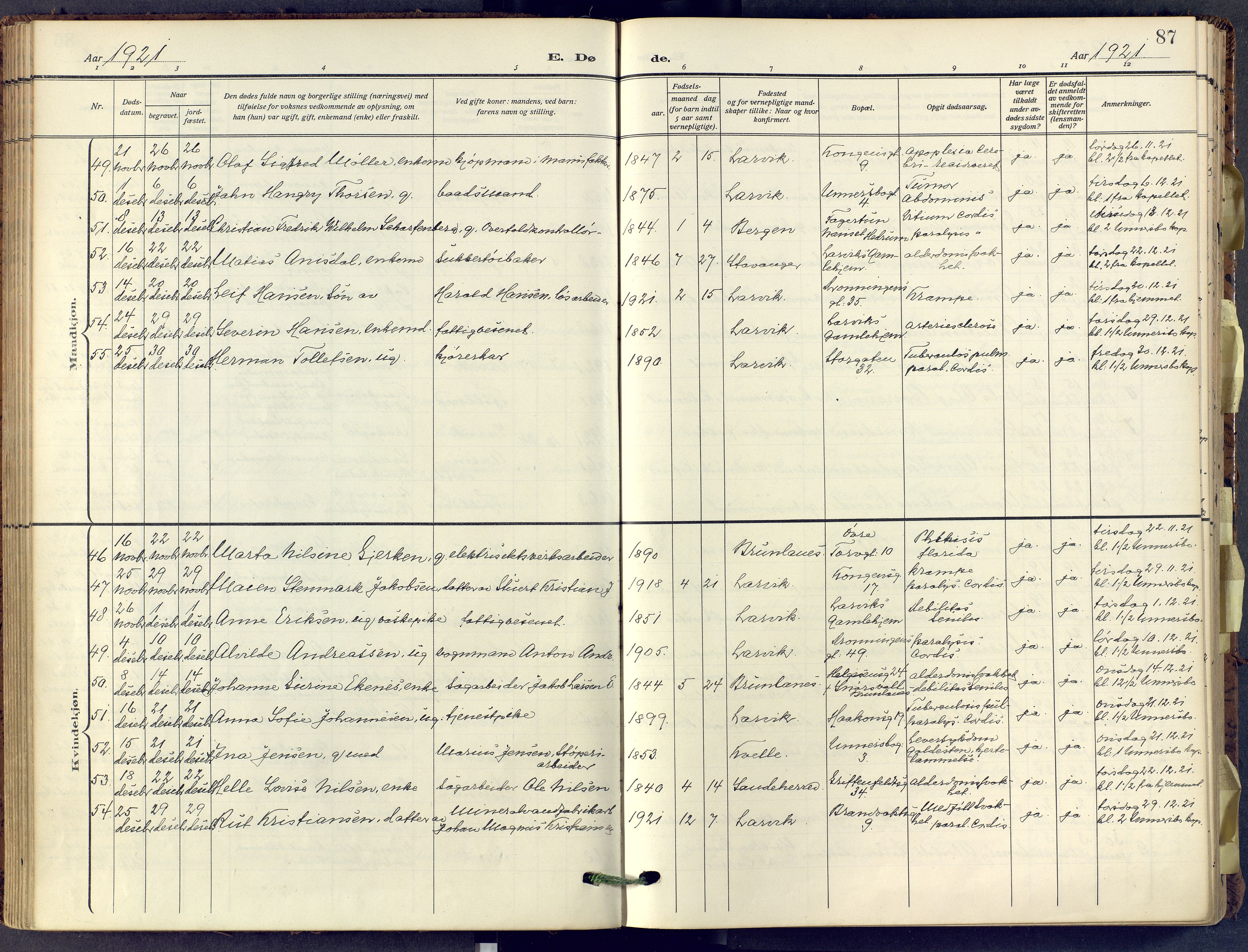 Larvik kirkebøker, SAKO/A-352/F/Fa/L0013: Parish register (official) no. I 13, 1910-1960, p. 87