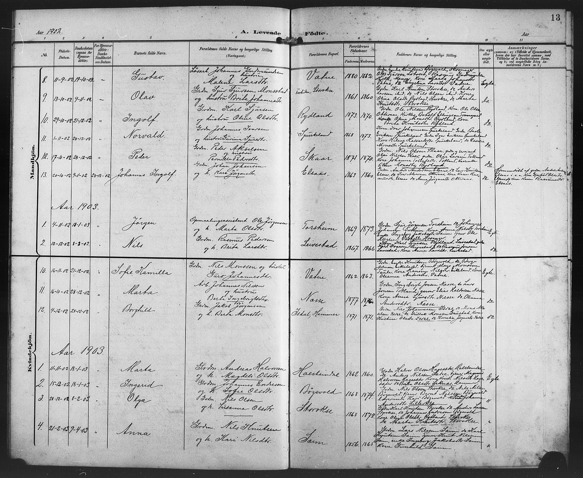 Alversund Sokneprestembete, SAB/A-73901/H/Ha/Haa/Haad/L0003: Parish register (official) no. D 3, 1899-1908, p. 13
