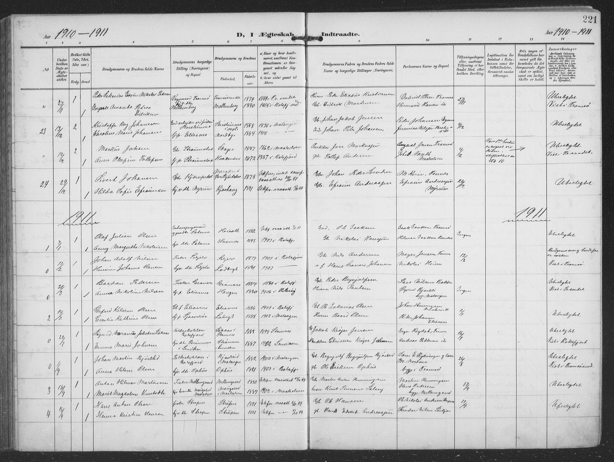 Balsfjord sokneprestembete, AV/SATØ-S-1303/G/Ga/L0009klokker: Parish register (copy) no. 9, 1906-1920, p. 221