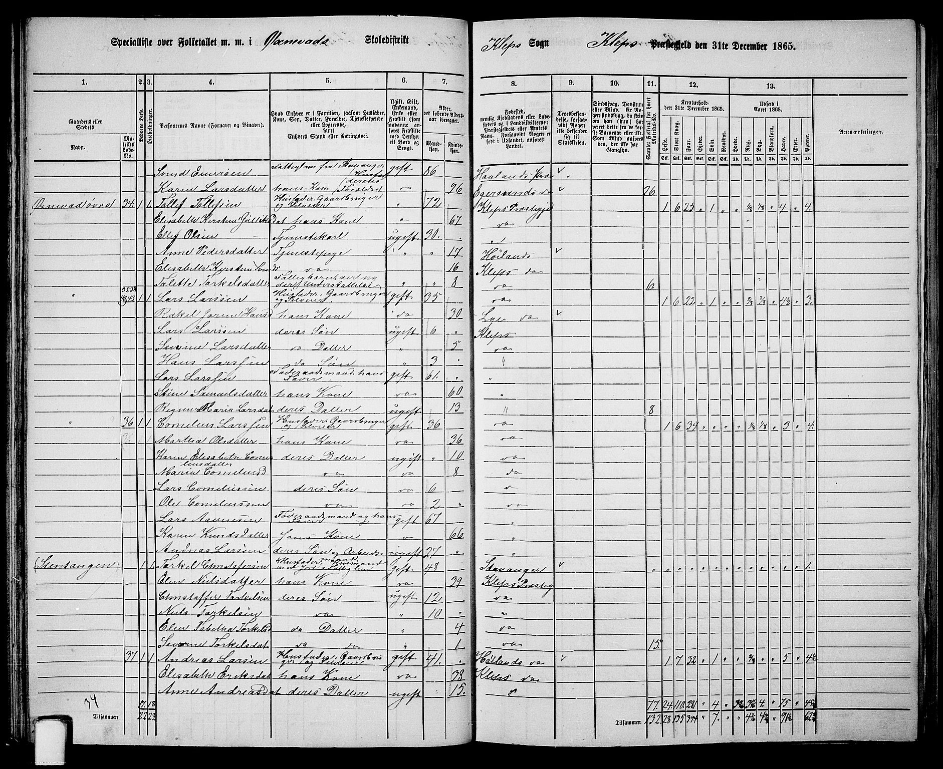 RA, 1865 census for Klepp, 1865, p. 34