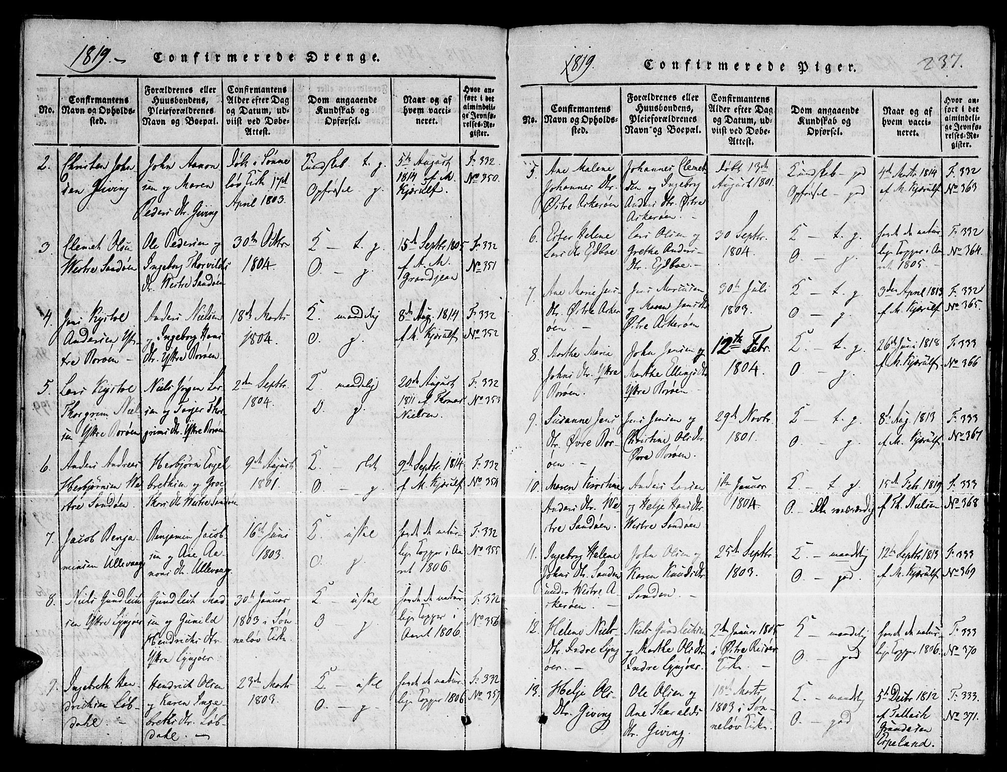 Dypvåg sokneprestkontor, SAK/1111-0007/F/Fb/Fba/L0009: Parish register (copy) no. B 9, 1816-1842, p. 237