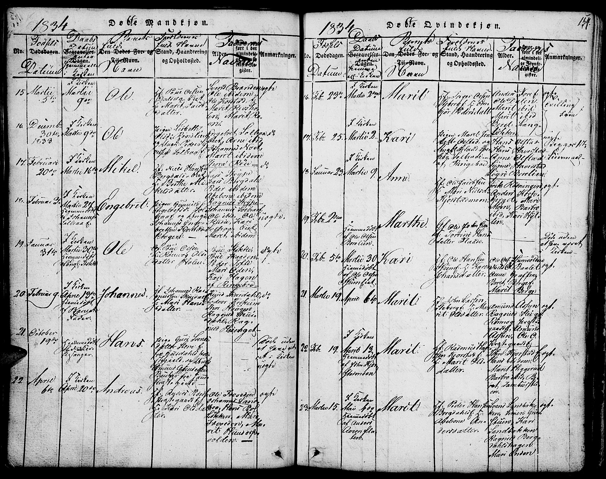 Fron prestekontor, AV/SAH-PREST-078/H/Ha/Hab/L0001: Parish register (copy) no. 1, 1816-1843, p. 154