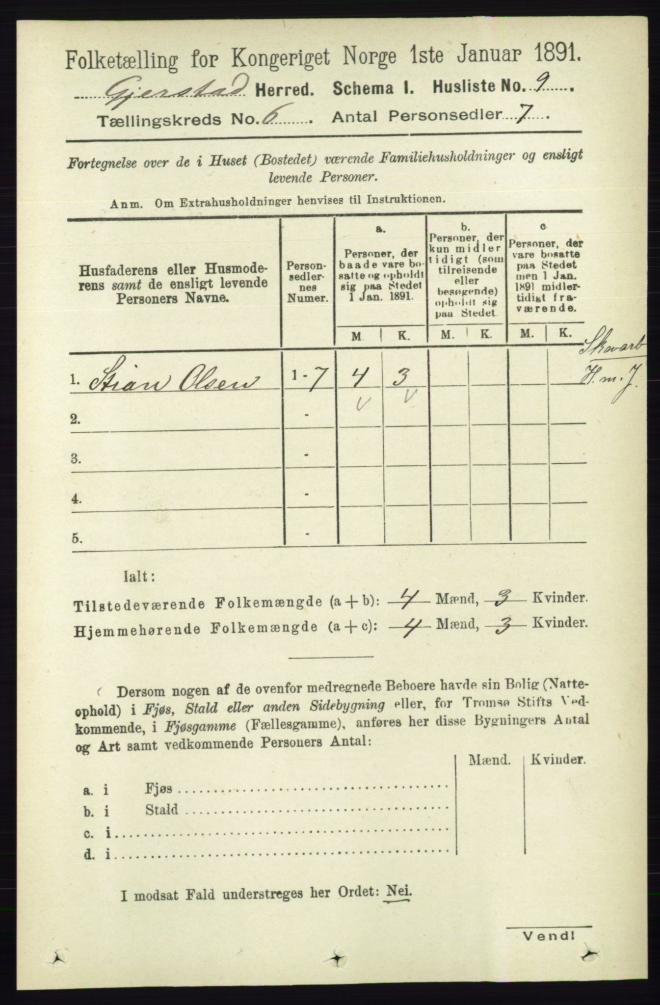 RA, 1891 census for 0911 Gjerstad, 1891, p. 2336