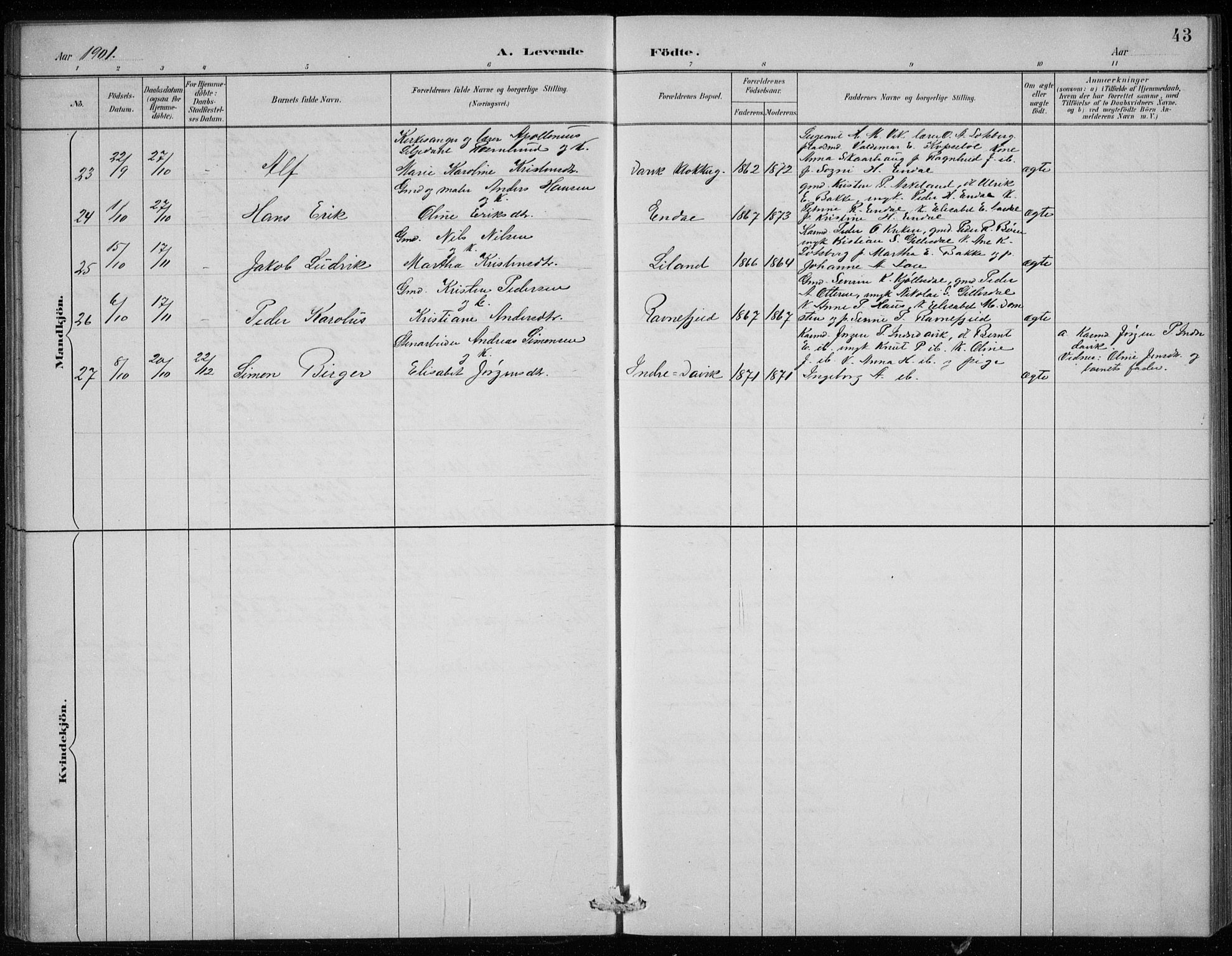 Davik sokneprestembete, AV/SAB-A-79701/H/Hab/Haba/L0002: Parish register (copy) no. A 2, 1890-1911, p. 43