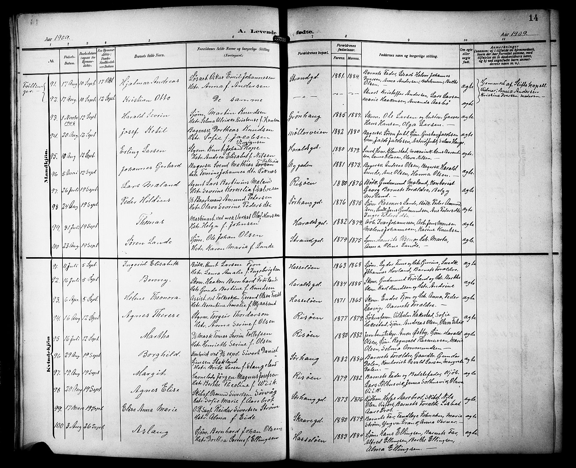 Haugesund sokneprestkontor, AV/SAST-A -101863/H/Ha/Hab/L0007: Parish register (copy) no. B 7, 1909-1920, p. 14