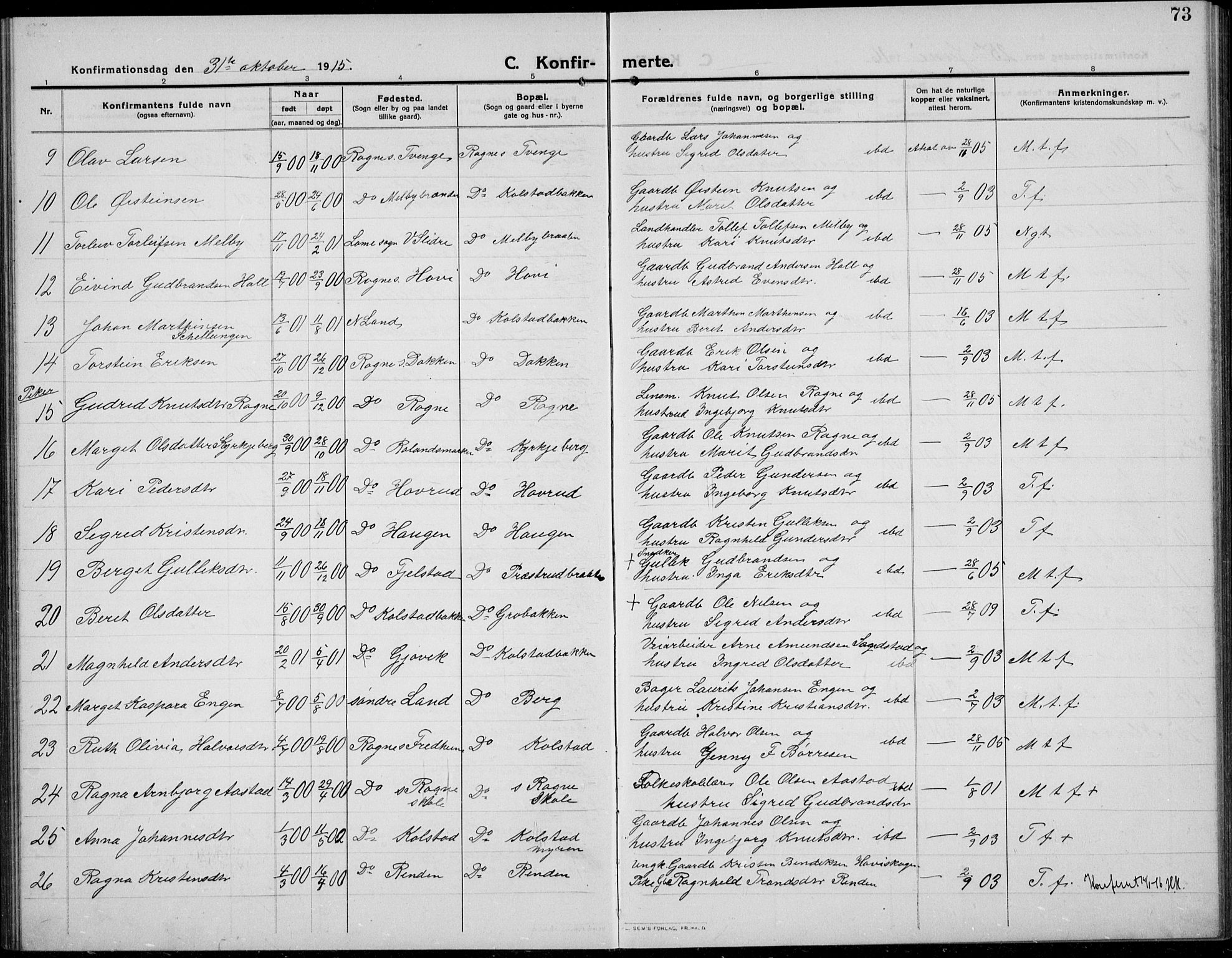 Øystre Slidre prestekontor, AV/SAH-PREST-138/H/Ha/Hab/L0008: Parish register (copy) no. 8, 1911-1938, p. 73