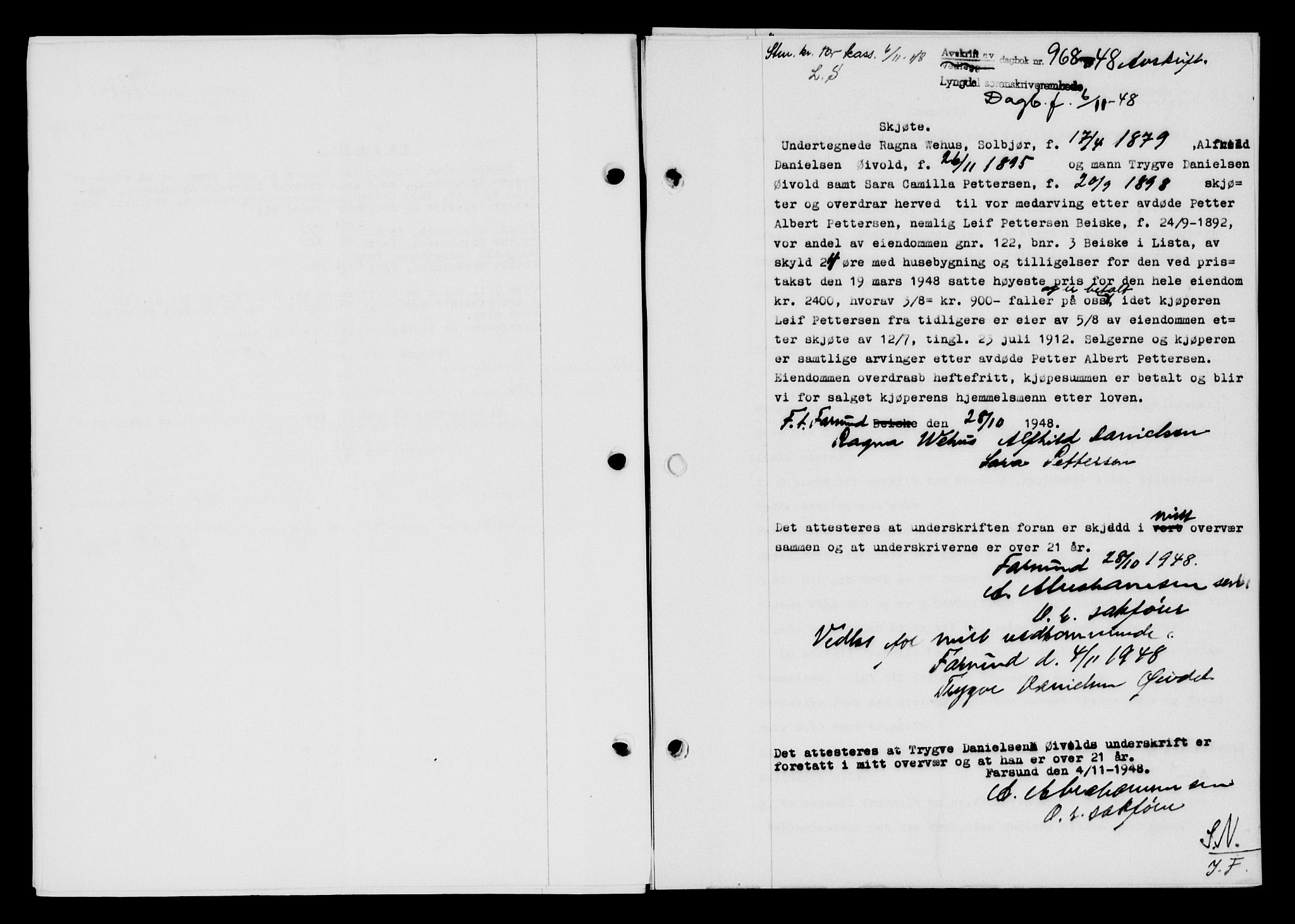 Lyngdal sorenskriveri, AV/SAK-1221-0004/G/Gb/L0663: Mortgage book no. A IX, 1948-1949, Diary no: : 968/1948