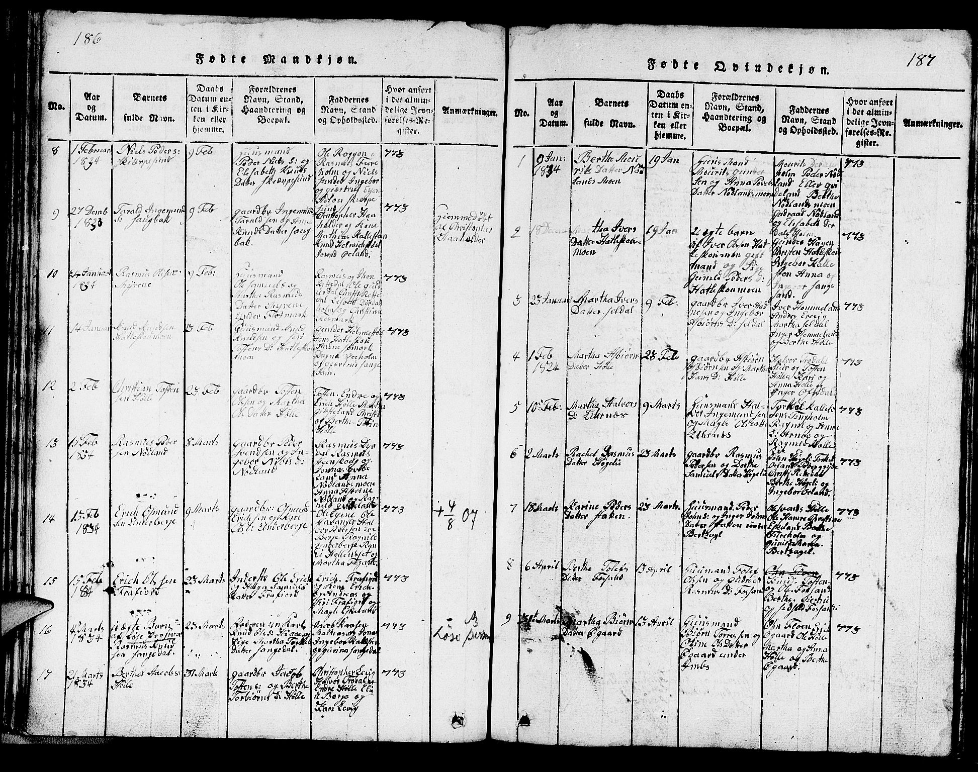 Strand sokneprestkontor, SAST/A-101828/H/Ha/Hab/L0002: Parish register (copy) no. B 2, 1816-1854, p. 186-187