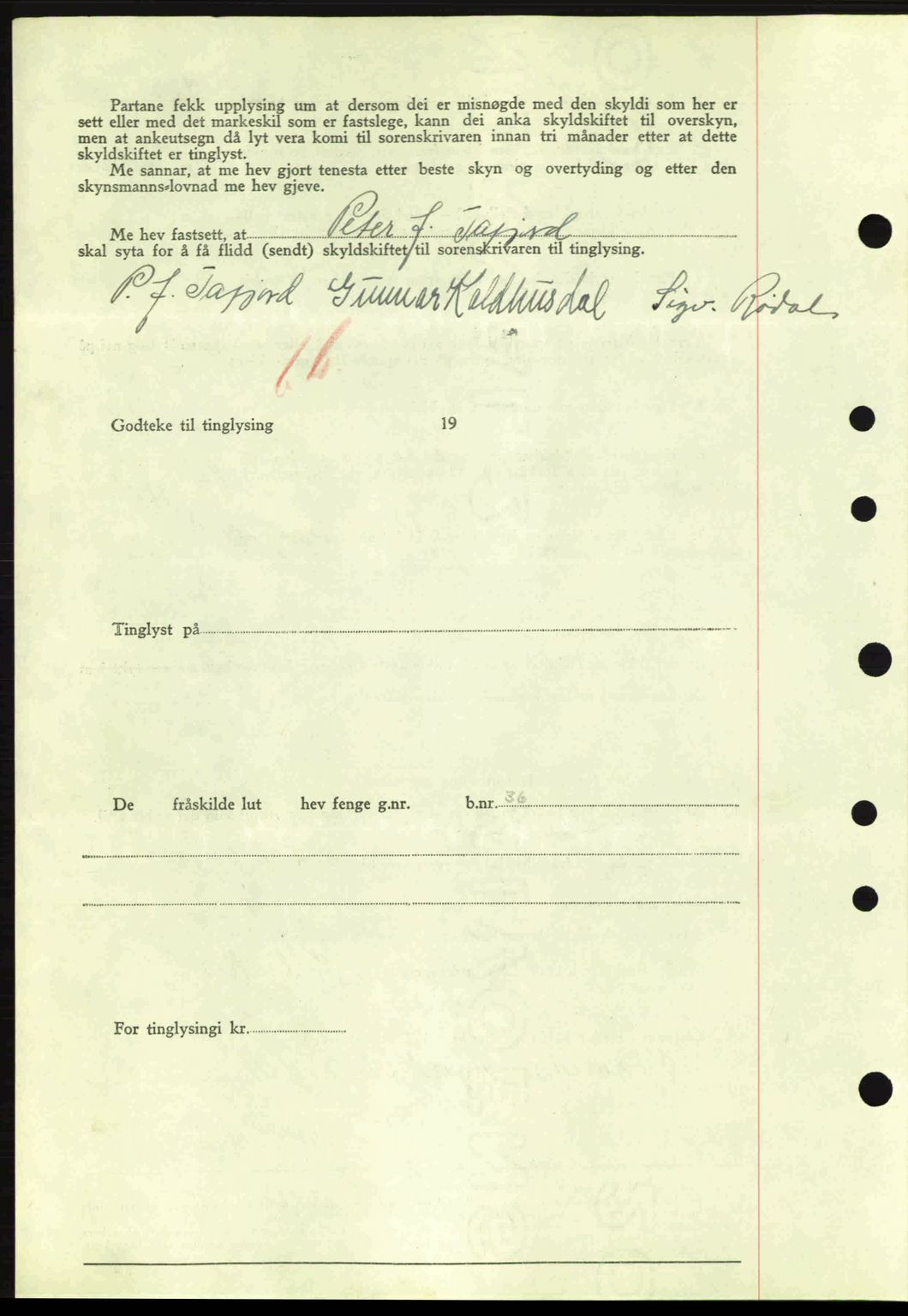 Nordre Sunnmøre sorenskriveri, AV/SAT-A-0006/1/2/2C/2Ca: Mortgage book no. A11, 1941-1941, Diary no: : 929/1941