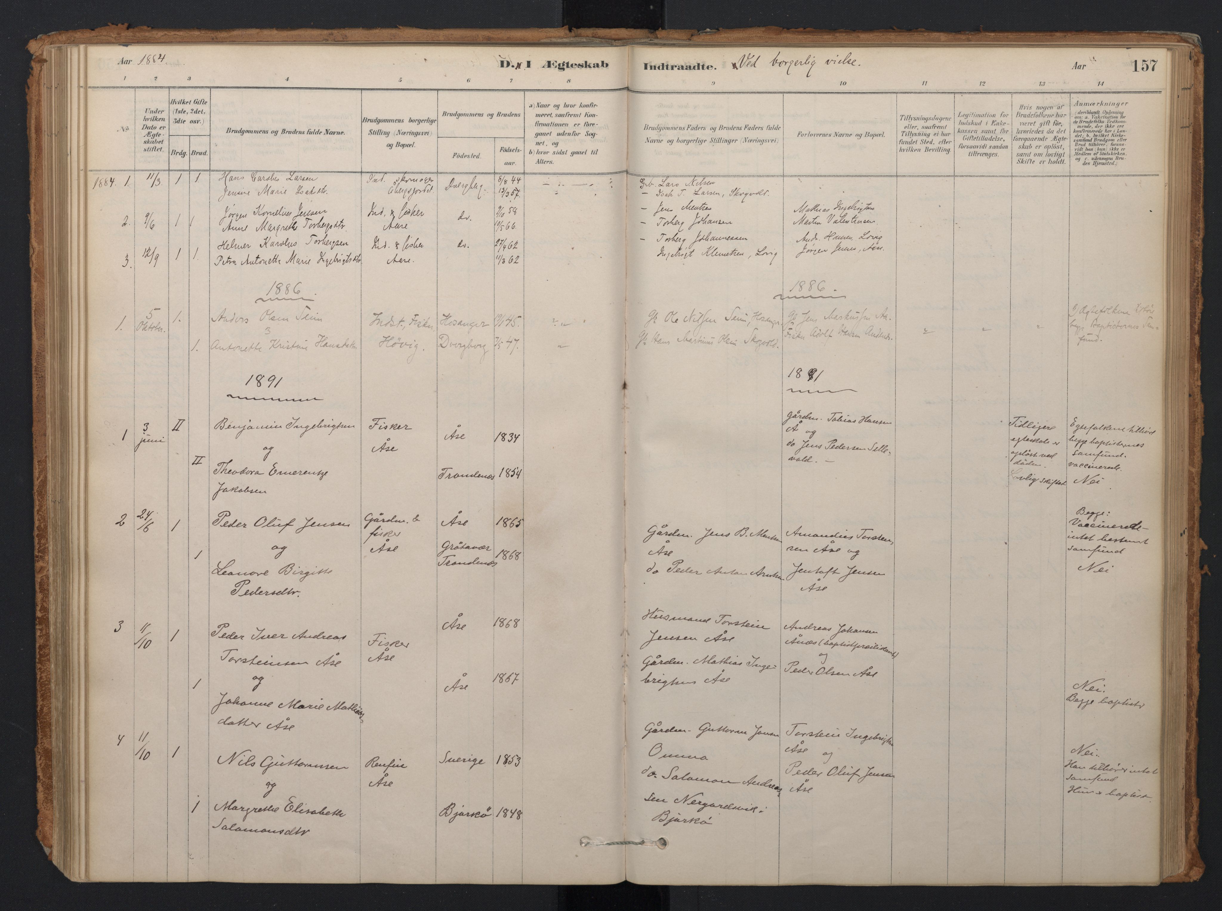 Ministerialprotokoller, klokkerbøker og fødselsregistre - Nordland, AV/SAT-A-1459/897/L1399: Parish register (official) no. 897A06, 1881-1896, p. 157