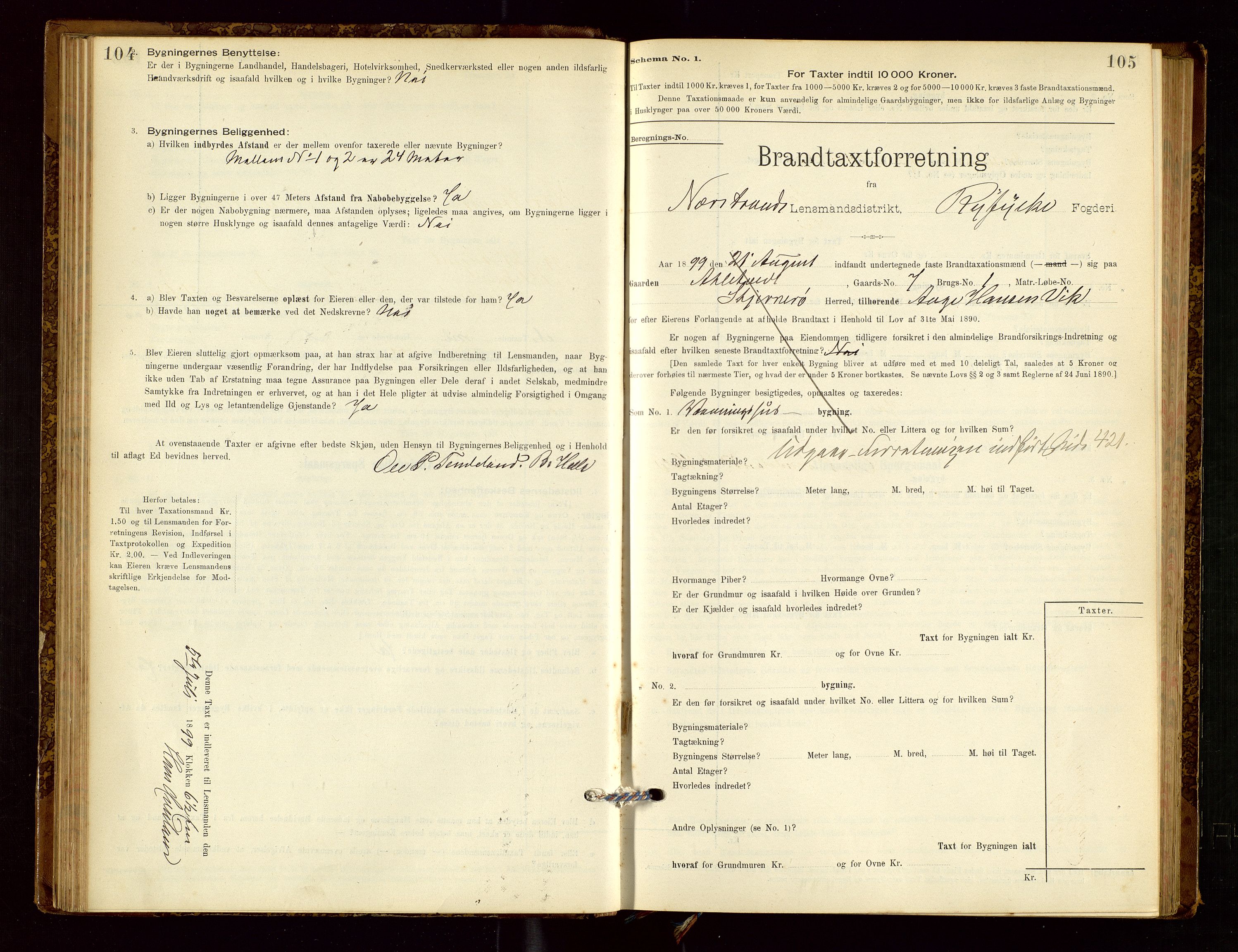 Nedstrand lensmannskontor, AV/SAST-A-100236/Gob/L0001: "Brandtaxationsprotokol for Nerstrand Lensmandsdistrikt Ryfylke fogderi", 1895-1915, p. 104-105