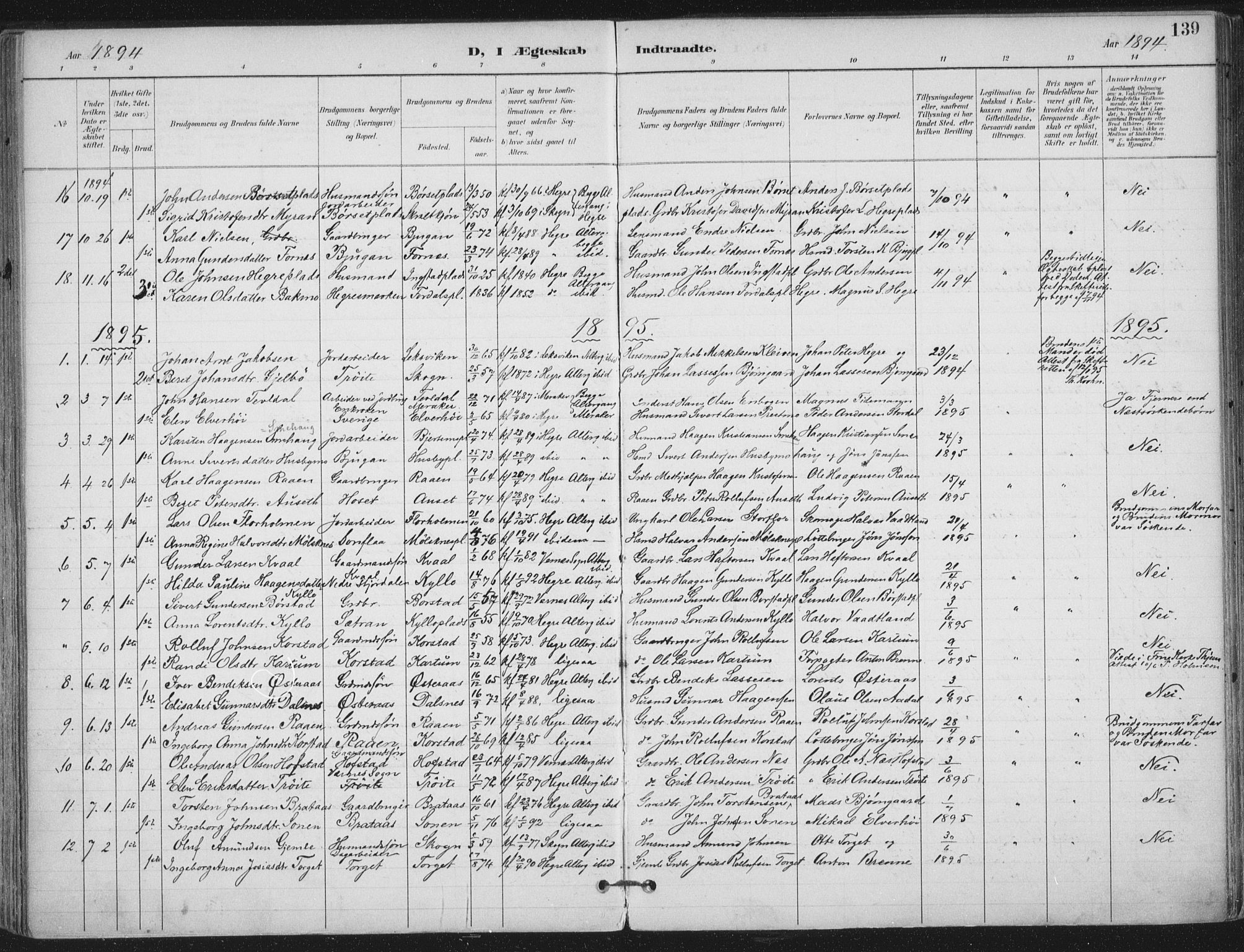 Ministerialprotokoller, klokkerbøker og fødselsregistre - Nord-Trøndelag, SAT/A-1458/703/L0031: Parish register (official) no. 703A04, 1893-1914, p. 139