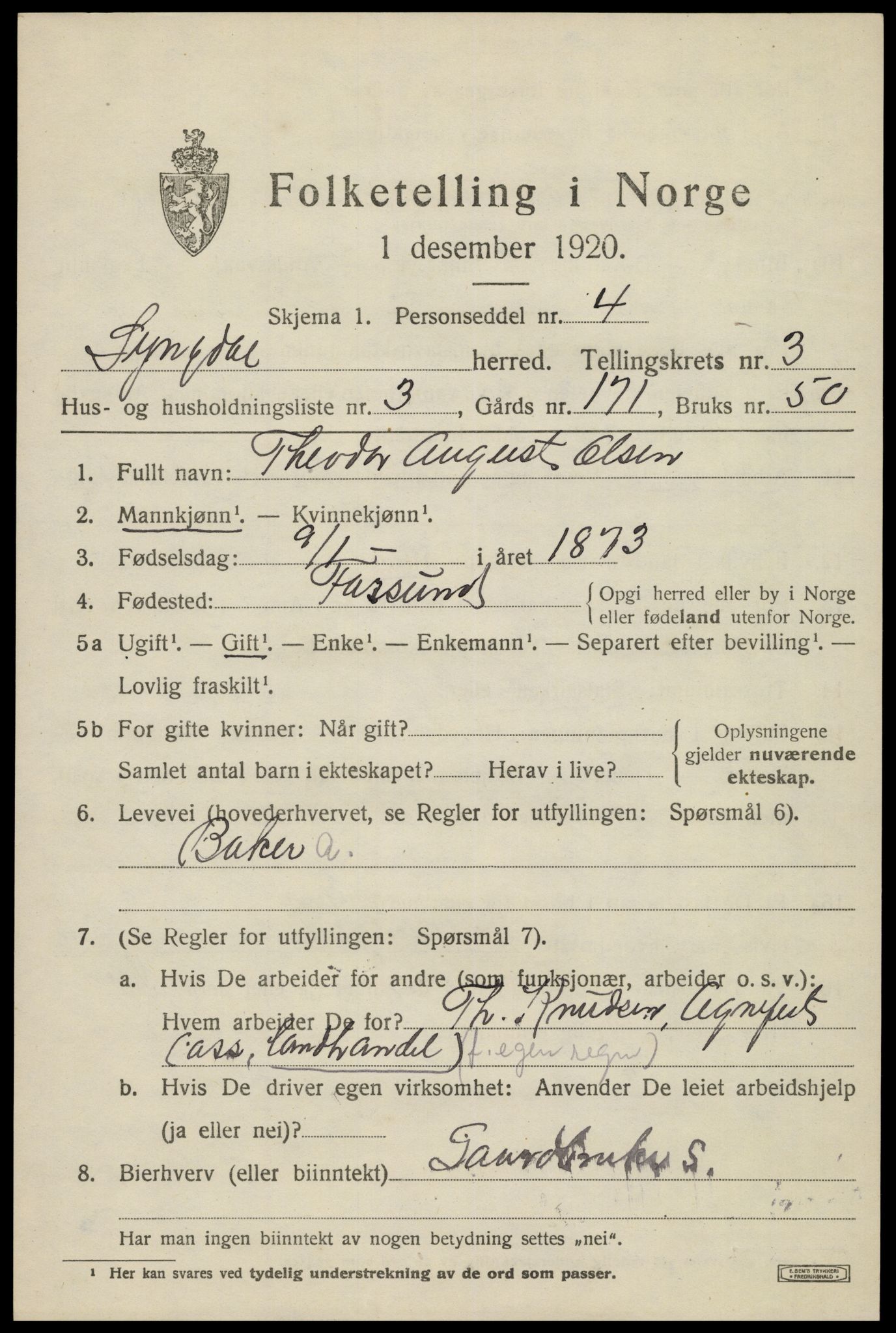 SAK, 1920 census for Lyngdal, 1920, p. 1943