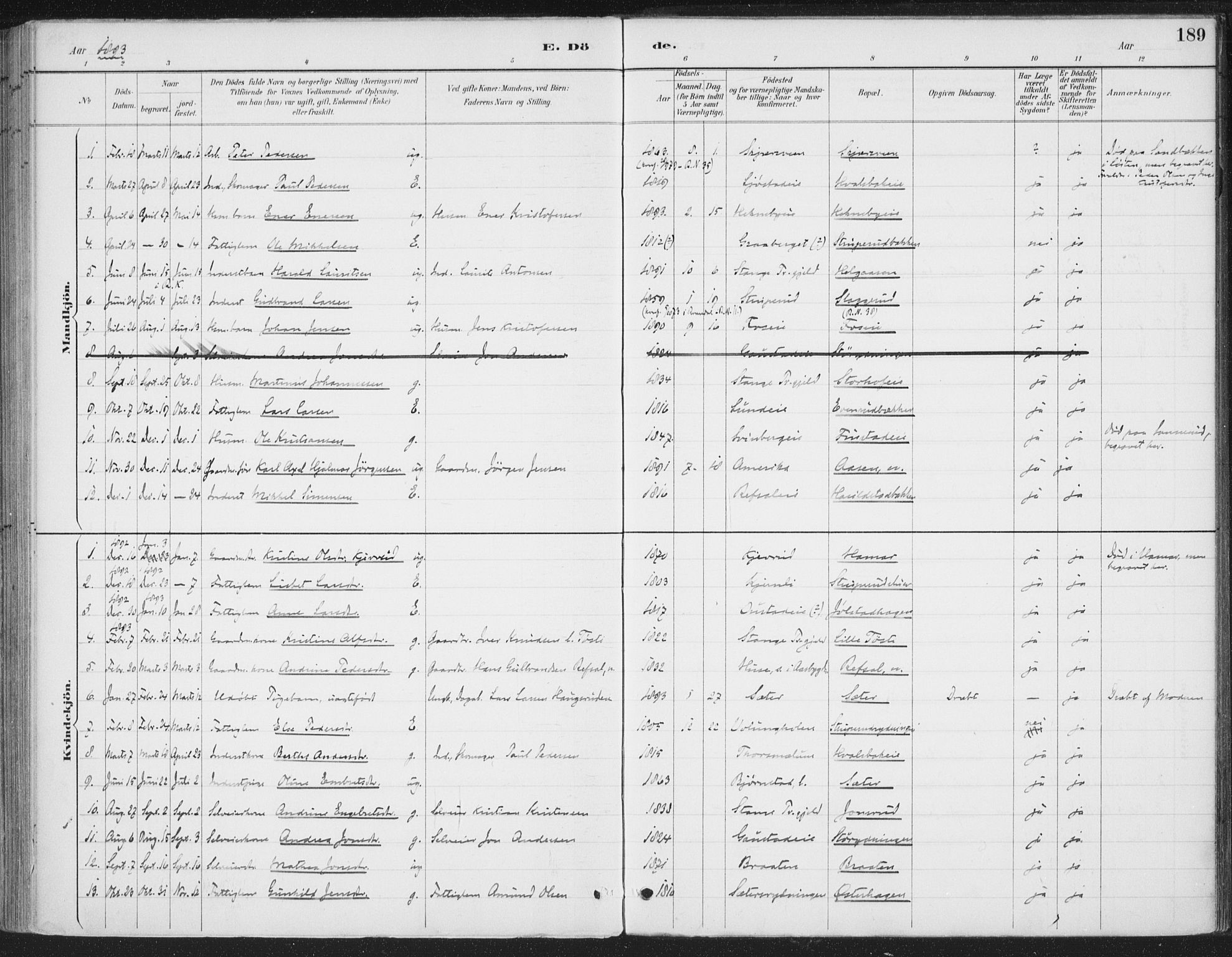 Romedal prestekontor, AV/SAH-PREST-004/K/L0008: Parish register (official) no. 8, 1887-1905, p. 189