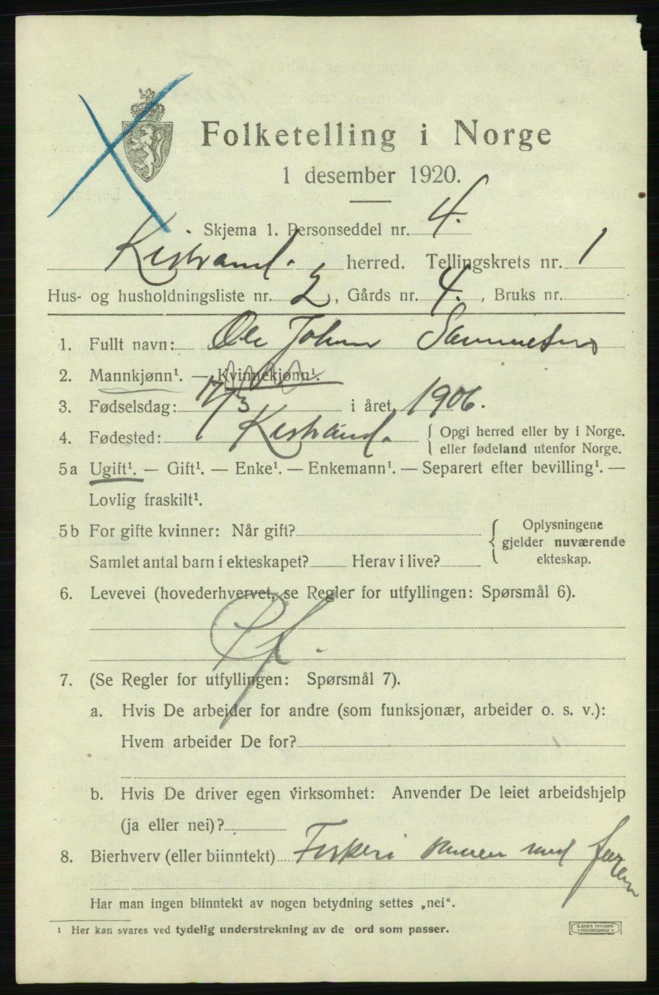 SATØ, 1920 census for Kistrand, 1920, p. 856