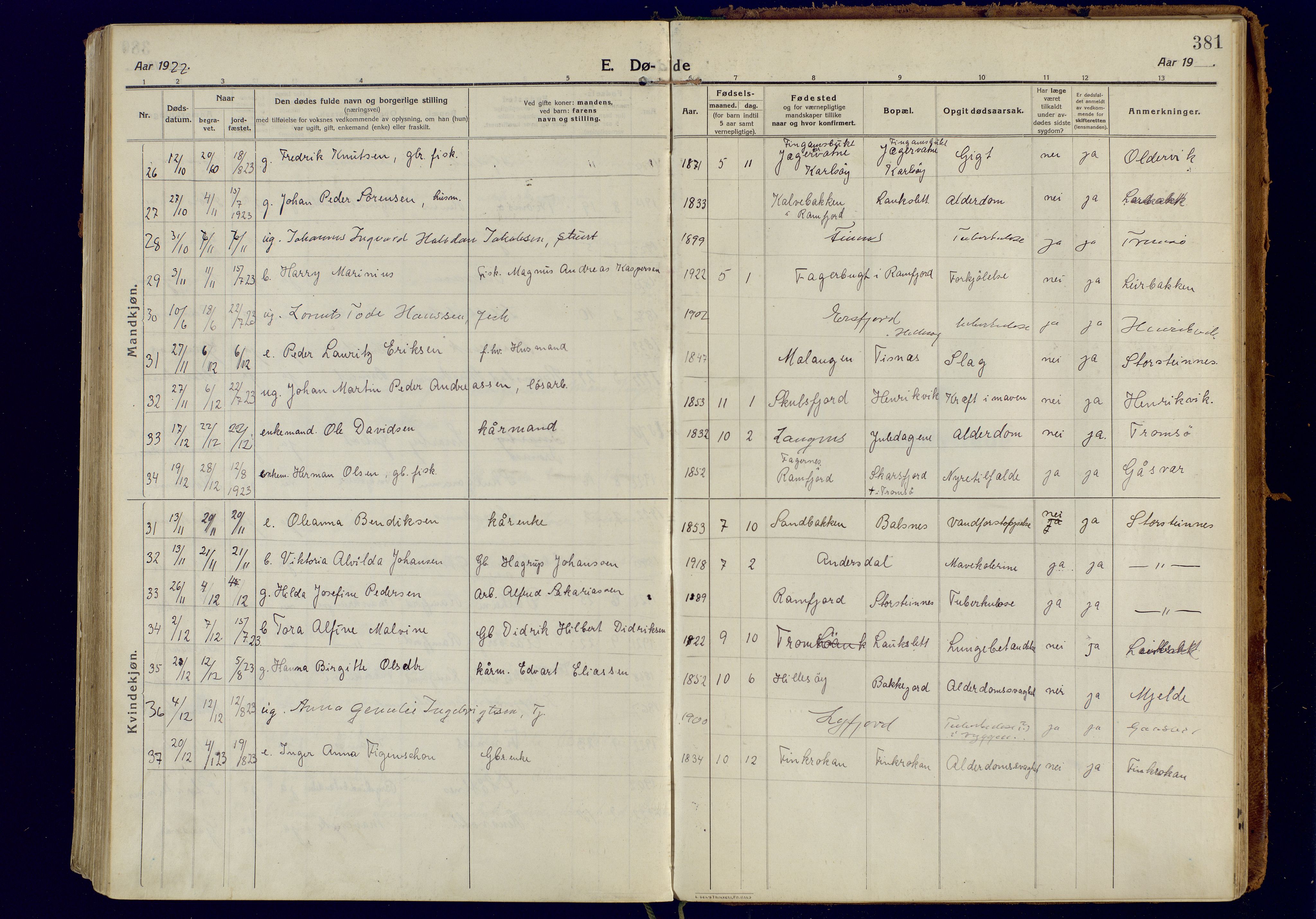 Tromsøysund sokneprestkontor, AV/SATØ-S-1304/G/Ga/L0008kirke: Parish register (official) no. 8, 1914-1922, p. 381