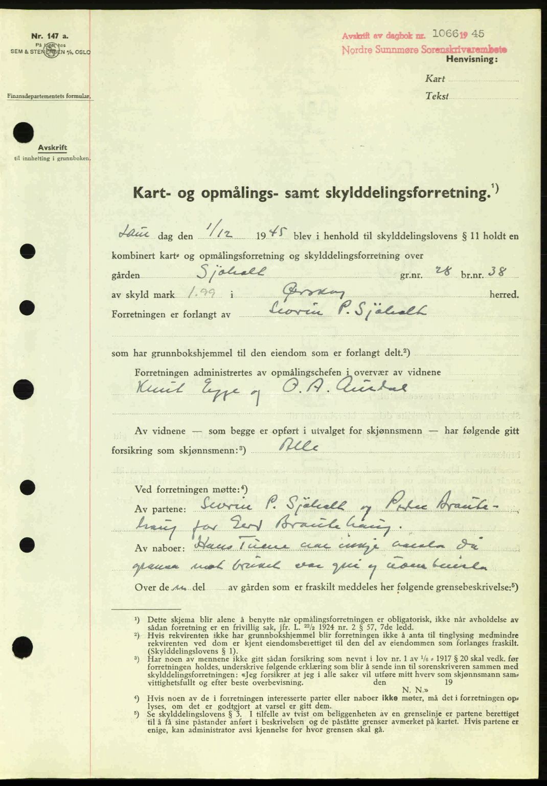 Nordre Sunnmøre sorenskriveri, AV/SAT-A-0006/1/2/2C/2Ca: Mortgage book no. A20a, 1945-1945, Diary no: : 1066/1945