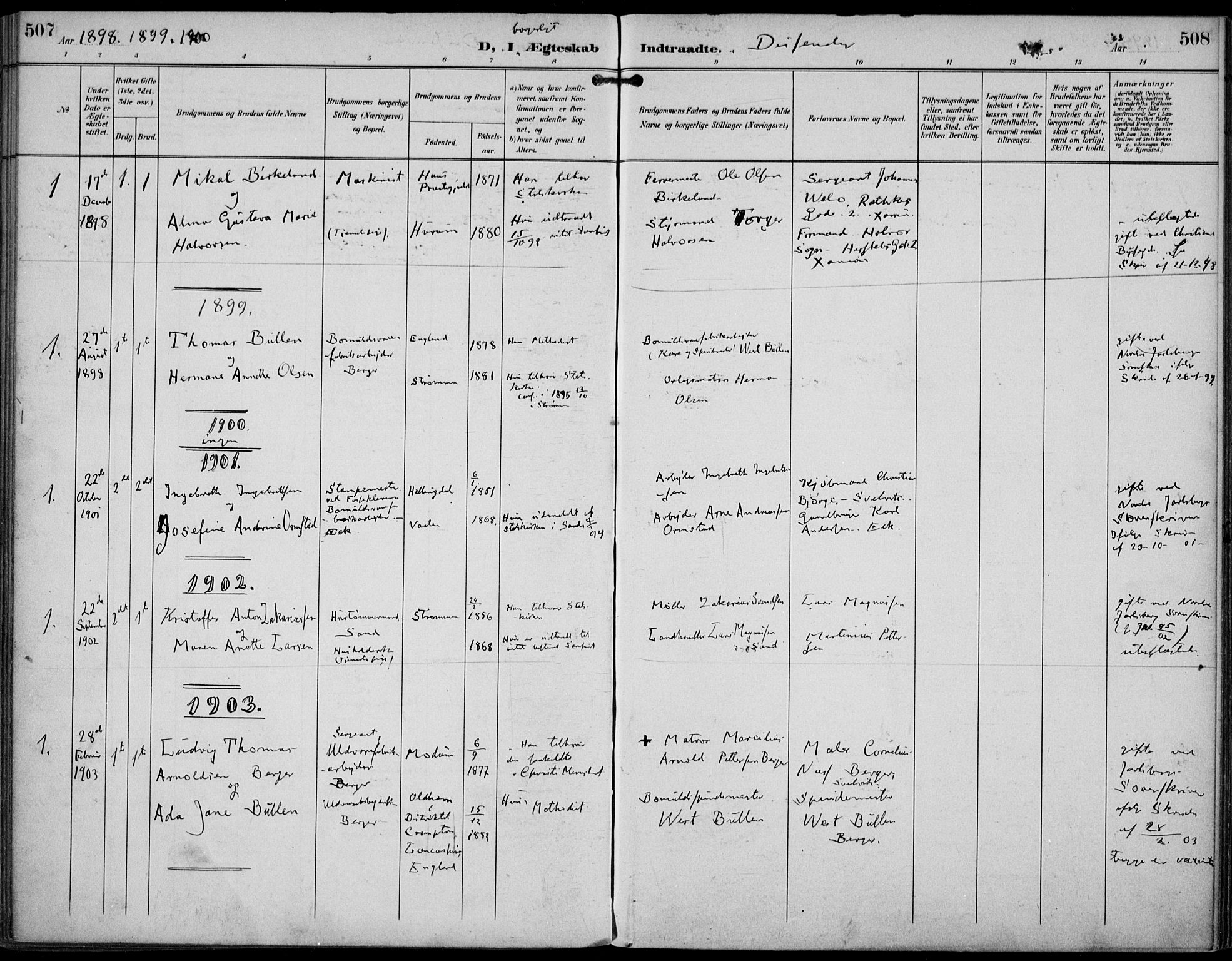 Strømm kirkebøker, AV/SAKO-A-322/F/Fa/L0005: Parish register (official) no. I 5, 1898-1919, p. 507-508