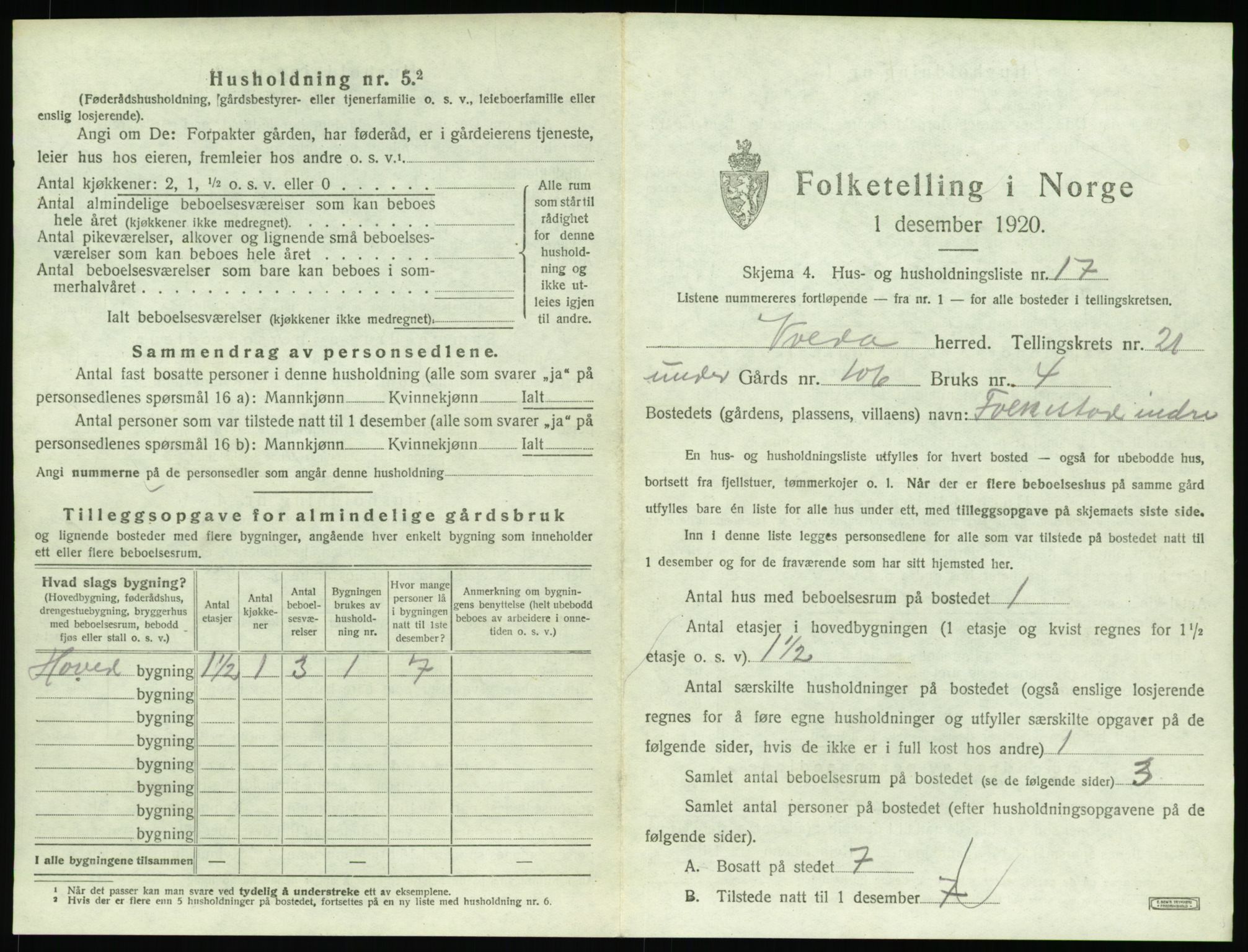 SAT, 1920 census for Volda, 1920, p. 1494