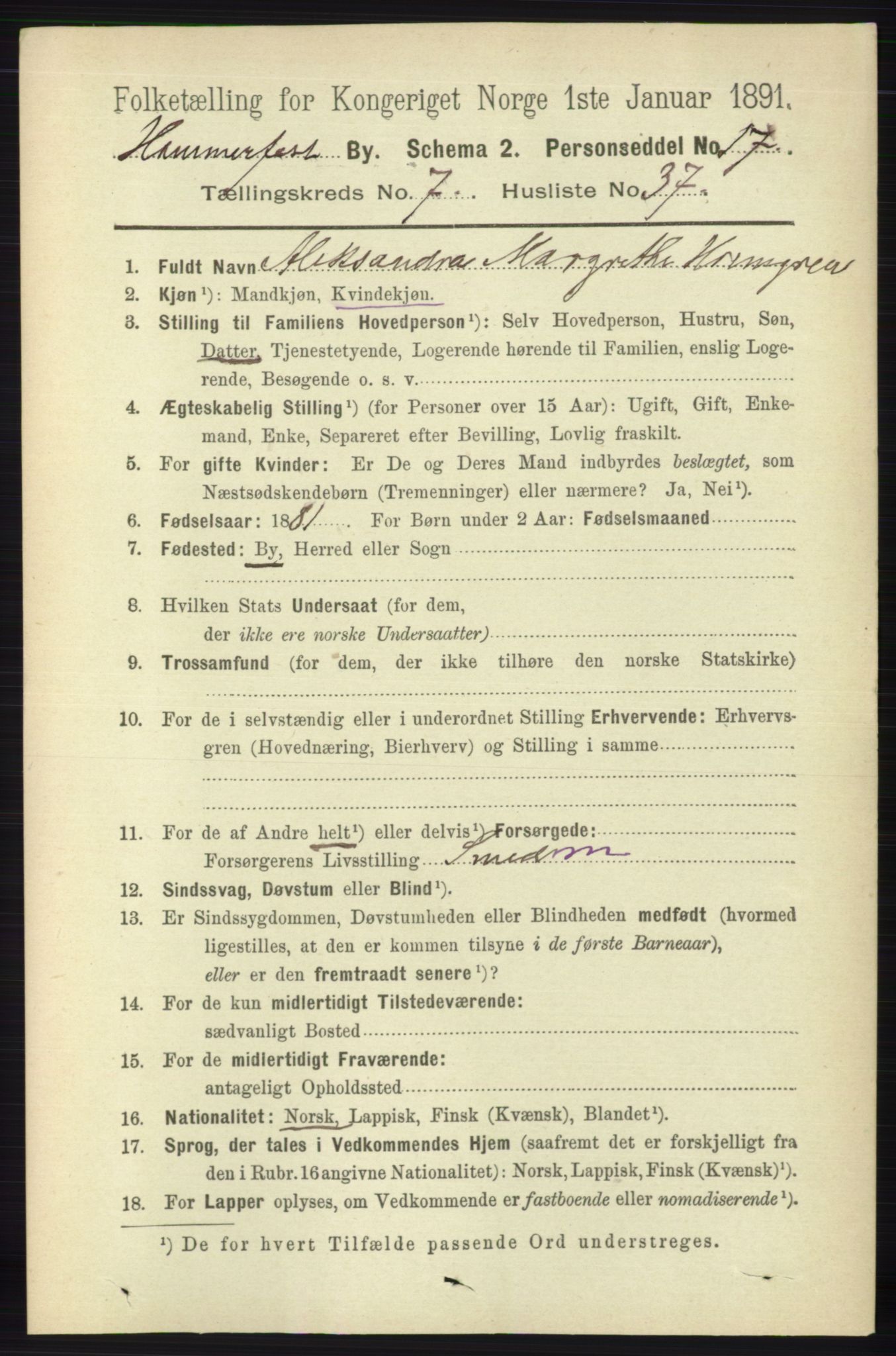 RA, 1891 census for 2001 Hammerfest, 1891, p. 2766